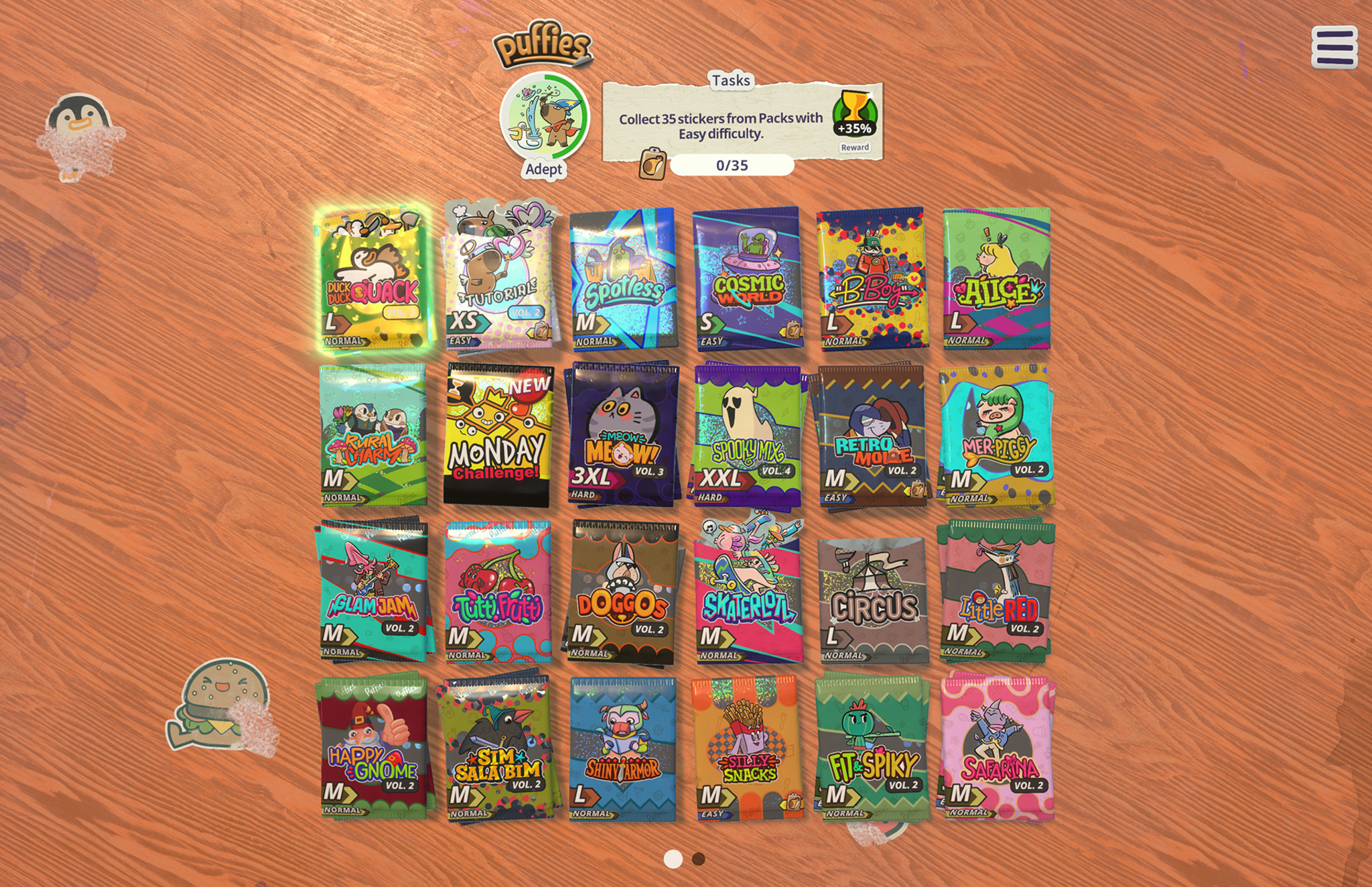 Screenshot of the Puffies mobile crippled  showing a sticker battalion  enactment    screen. Approximately 24 colorful sticker packs are arranged successful  a grid connected  a woody  array  background. Each battalion  displays a unsocial   illustrated taxable   (such arsenic  "Duck Duck Quack," "Cosmic World," "Alice," "Monday Challenge," "Mer-Piggy," and others) on  with a size statement   and trouble  rating. A task   banner astatine  the apical  reads "Collect 35 stickers from Packs with Easy difficulty" with a advancement  indicator showing 0/35.