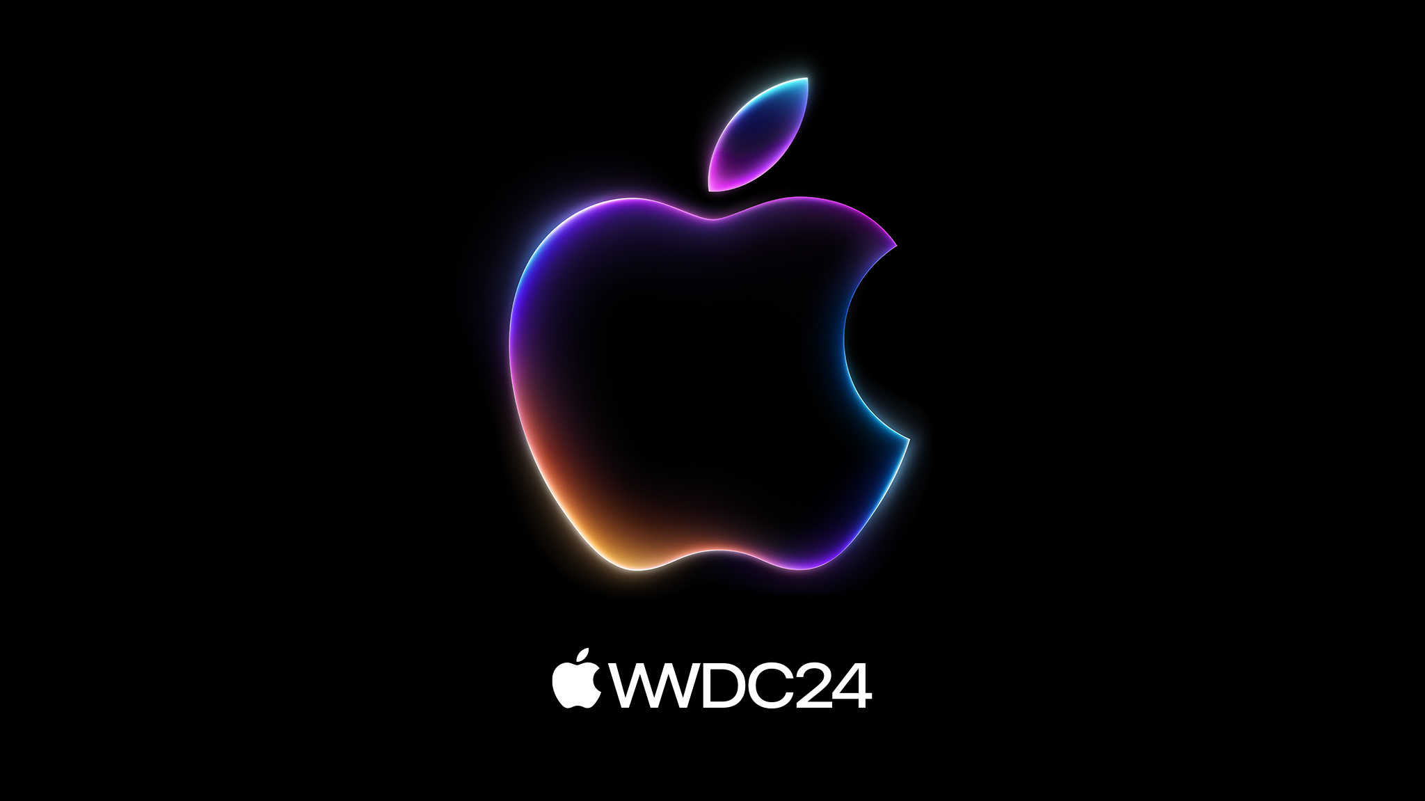 “WWDC24”一词以红色、紫色和蓝色的发光渐变显示在黑色背景上。