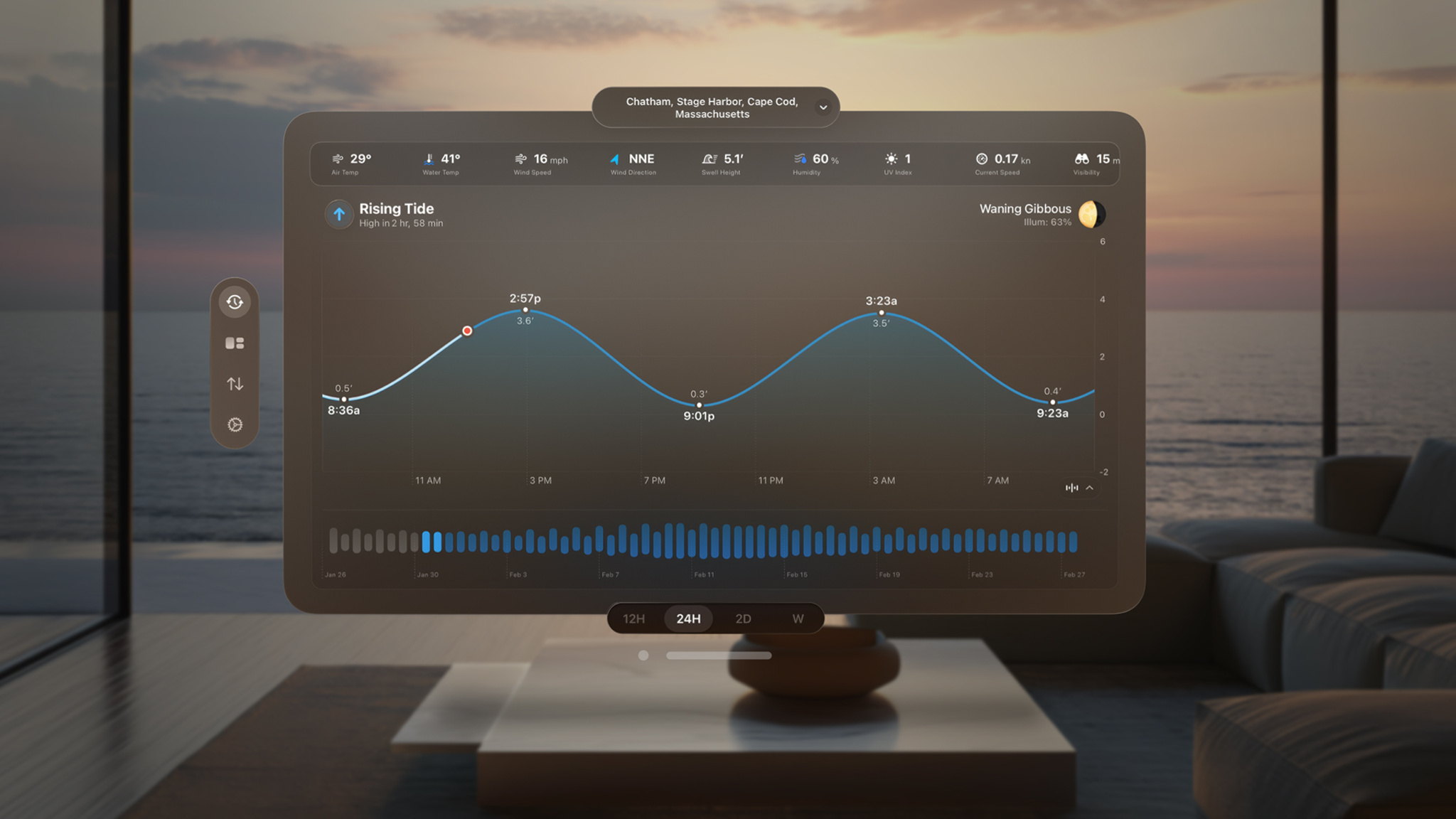 A screenshot of Tide Guide on Apple Vision Pro, showing a window displaying the day’s tide in a line graph against a muted ocean backdrop.