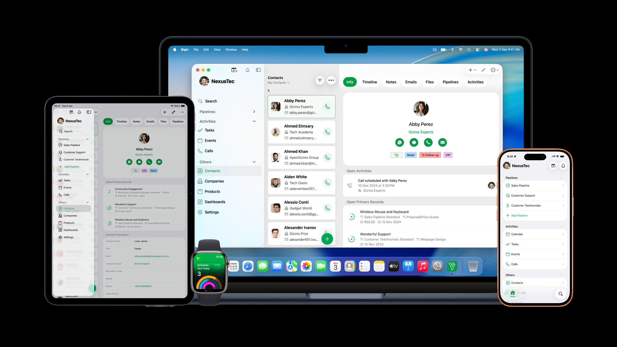 A product mockup displaying the Bigin CRM application across multiple Apple devices, including an iPhone, iPad, Apple Watch, and a MacBook. The macOS and iPadOS interfaces display a detailed contacts list and customer profile view, while the iOS and watchOS screens show simplified layouts optimized for smaller displays.