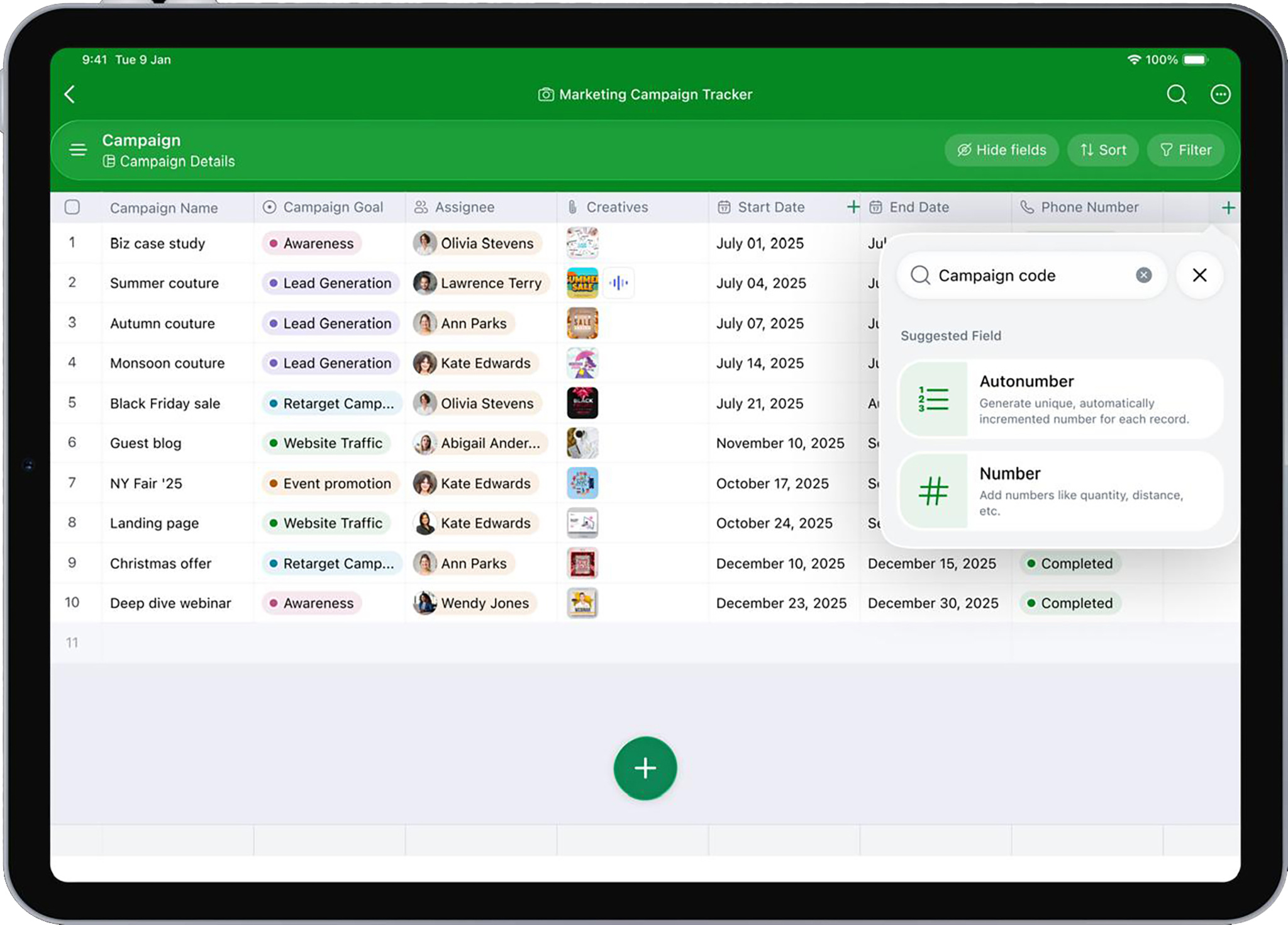 An iPad displays a marketing campaign tracker application featuring a detailed data table under a green header. A pop-up menu on the right shows a search field for adding a new column, with "Campaign code" entered and suggested field types "Autonumber" and "Number" listed. The underlying table lists various campaign entries alongside columns for campaign goals, assignees, creative thumbnails, and scheduling dates.
