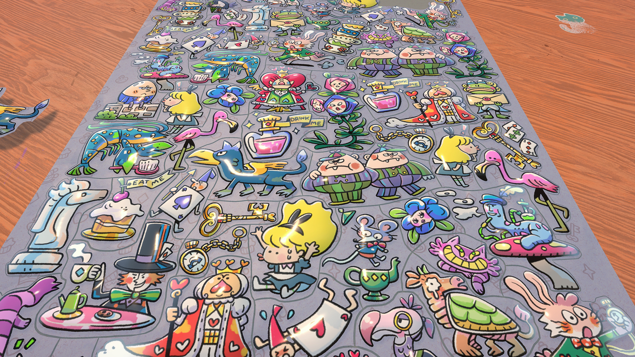 A wide-angle presumption    of a afloat   completed Puffies sticker medium  page, photographed astatine  a flimsy  space  connected  a woody  surface. The expanse  is densely packed with Alice successful  Wonderland-themed cartoon stickers connected  a grey  background, featuring characters specified  arsenic  a Mad Hatter, the Queen of Hearts, Tweedledee and Tweedledum, a Cheshire Cat-like creature, flamingos, Alice herself, and assorted  Wonderland props including a "Drink Me" vessel  and pouch  watches.