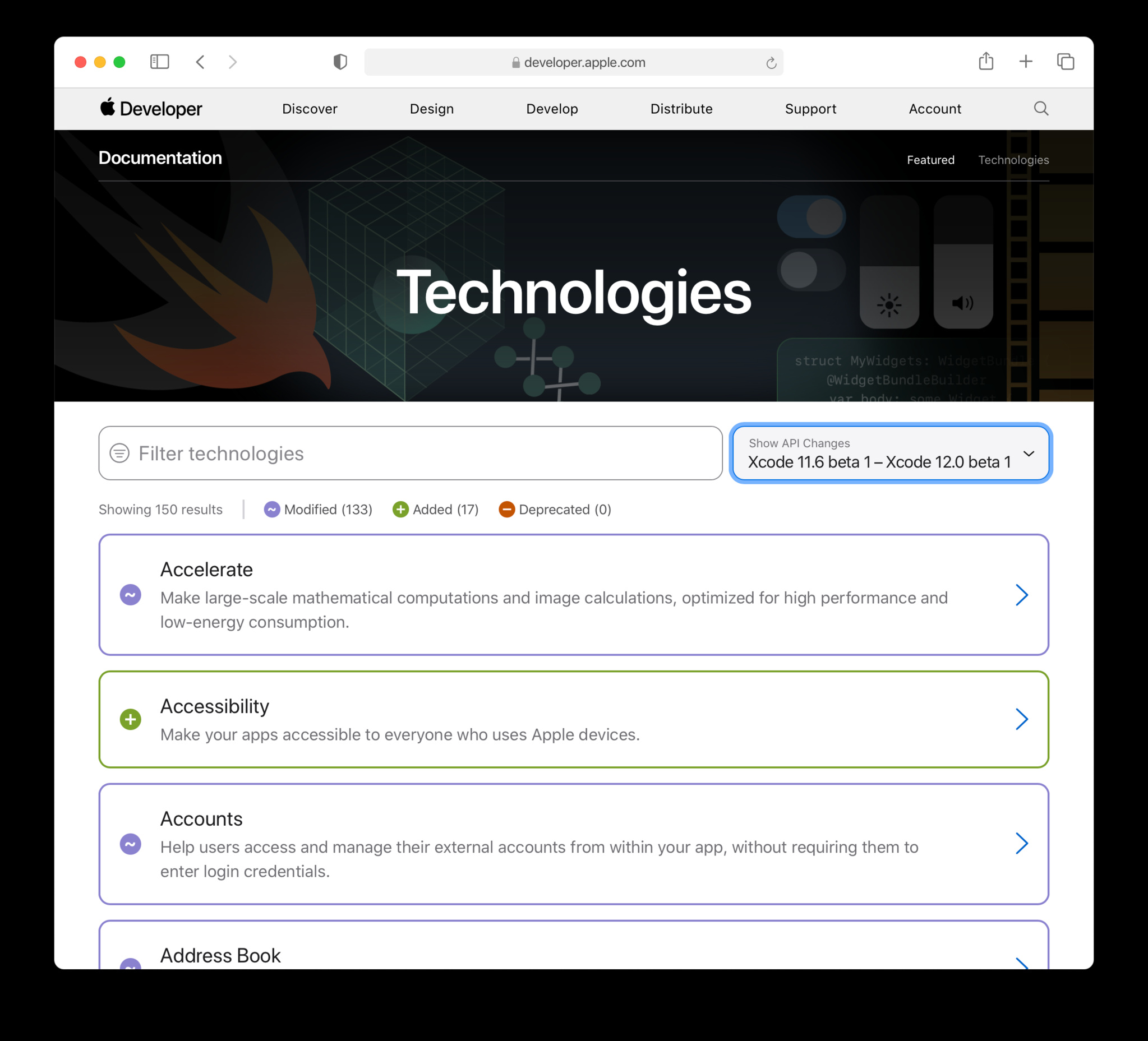 Safari window that displays the technologies page with diff-tracking