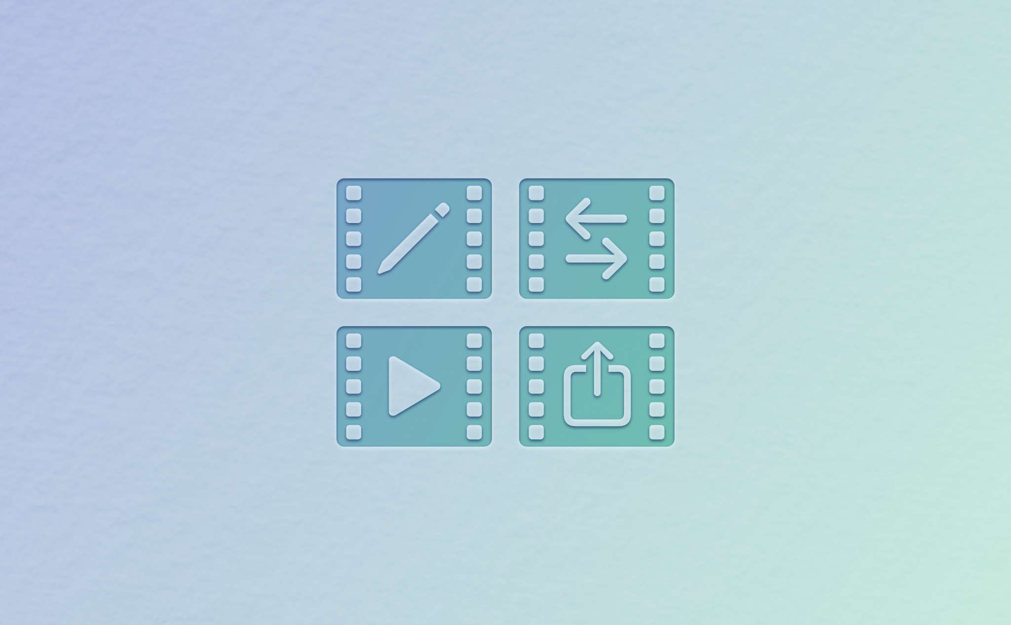 Four film strip icons with a pencil, arrows, play button, and star button on them, on a blue/green background.