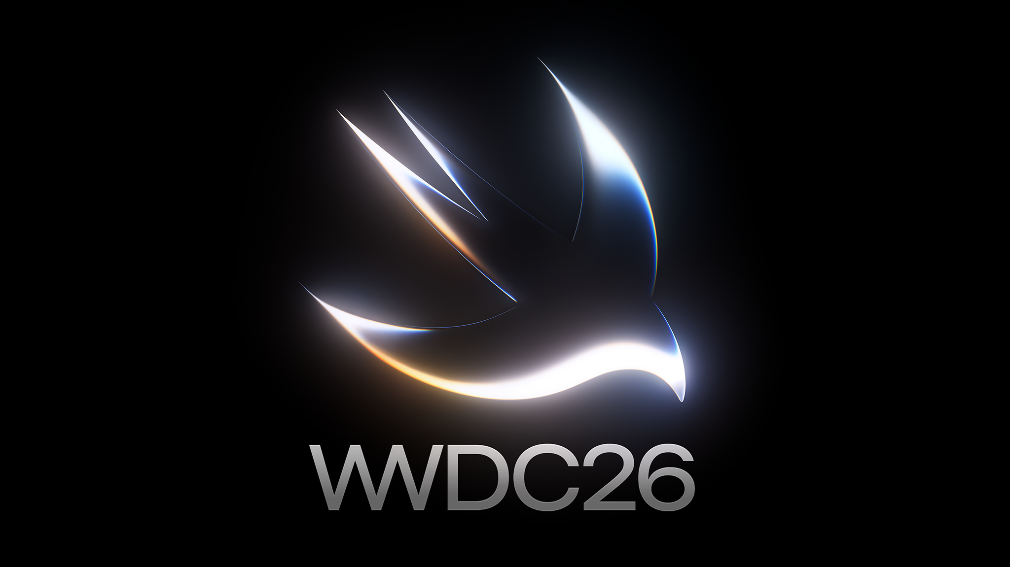 The Swift logo rendered as a luminous, three-dimensional form against a pure black background, its swooping bird silhouette traced in brilliant white light with accents of deep blue and warm gold. Below the logo, the text "WWDC26" is set in large silver letterforms.