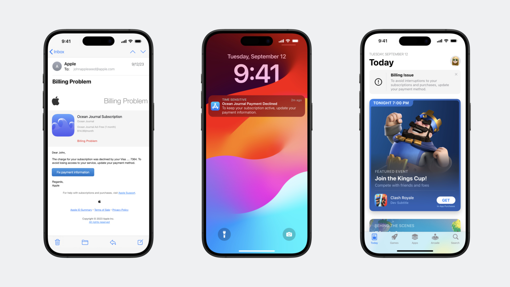 請求の問題の解決に関するiPhoneの3つのスクリーンショット。1つ目は請求の問題の解決方法が記載されたメール。2つ目には、支払いオプションに関する通知とカスタマーがサブスクリプションをアクティブな状態に保つために支払い情報を更新する方法が記載されている。3つ目は、App Storeの「Today」タブに表示された、請求の問題に関する警告。