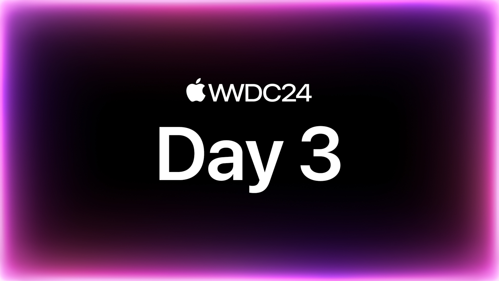 紫の光で縁取られた黒い背景上に配置された「WWDC24 Day 3」のテキスト。