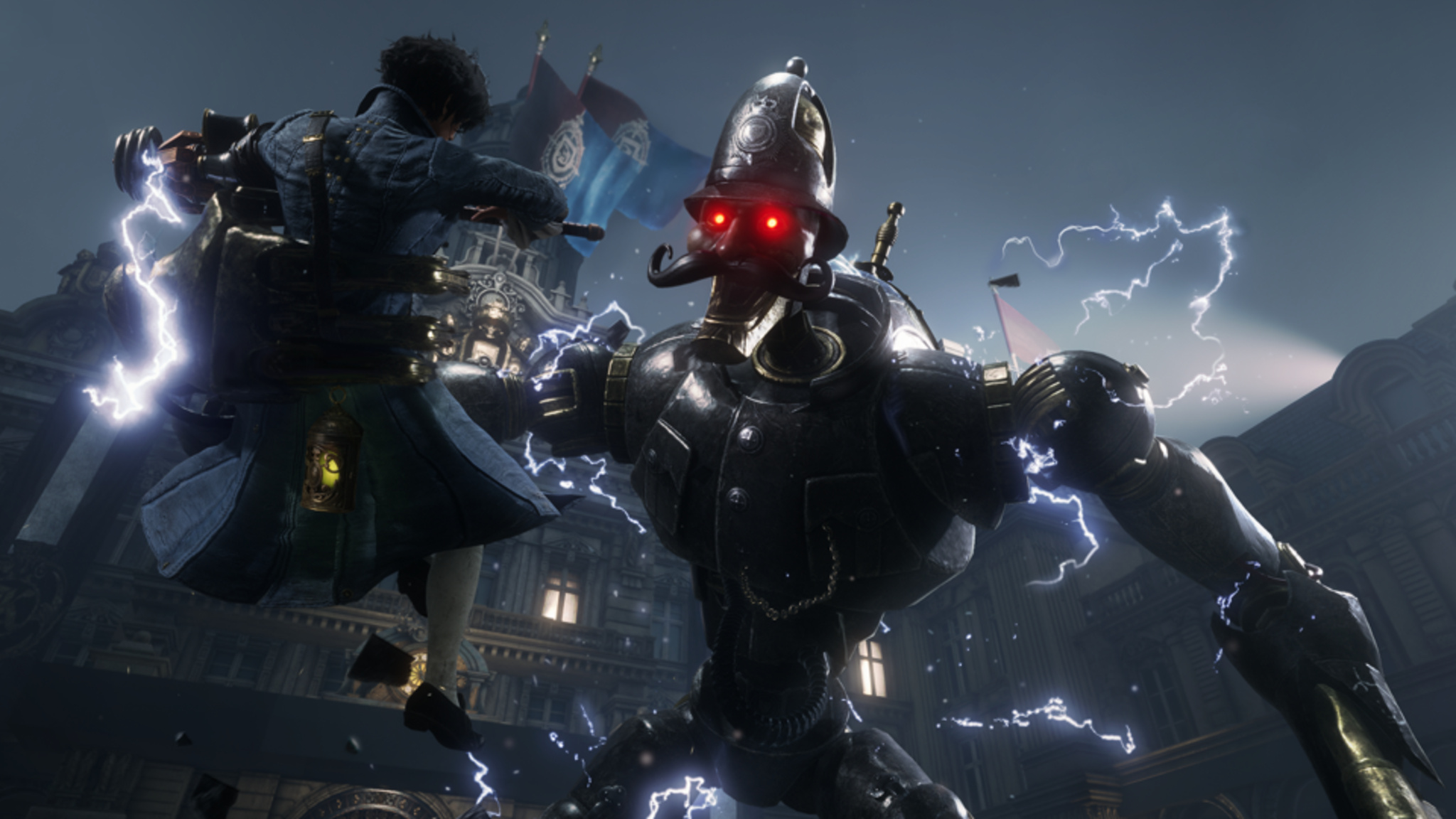 In a screenshot from Lies of P, an enormous humanoid robot with glowing red eyes and electrical bolts surrounding its body clutches the character of P and holds him in the air.