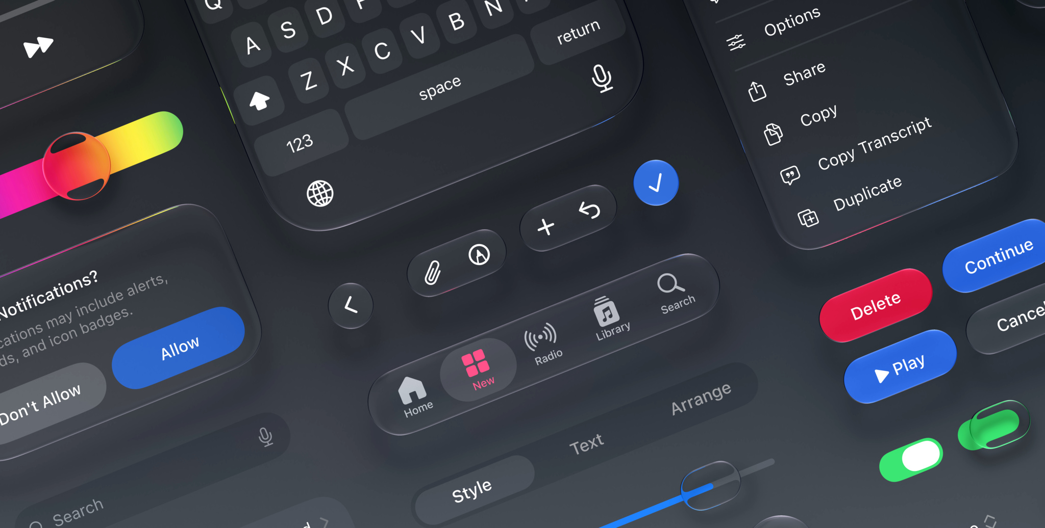 A collection of iOS UI components showcasing the Liquid Glass design language, displayed in dark mode, including a keyboard, tab bar, action menu, alert dialog, buttons, toggles, and sliders, arranged in an angled layout.