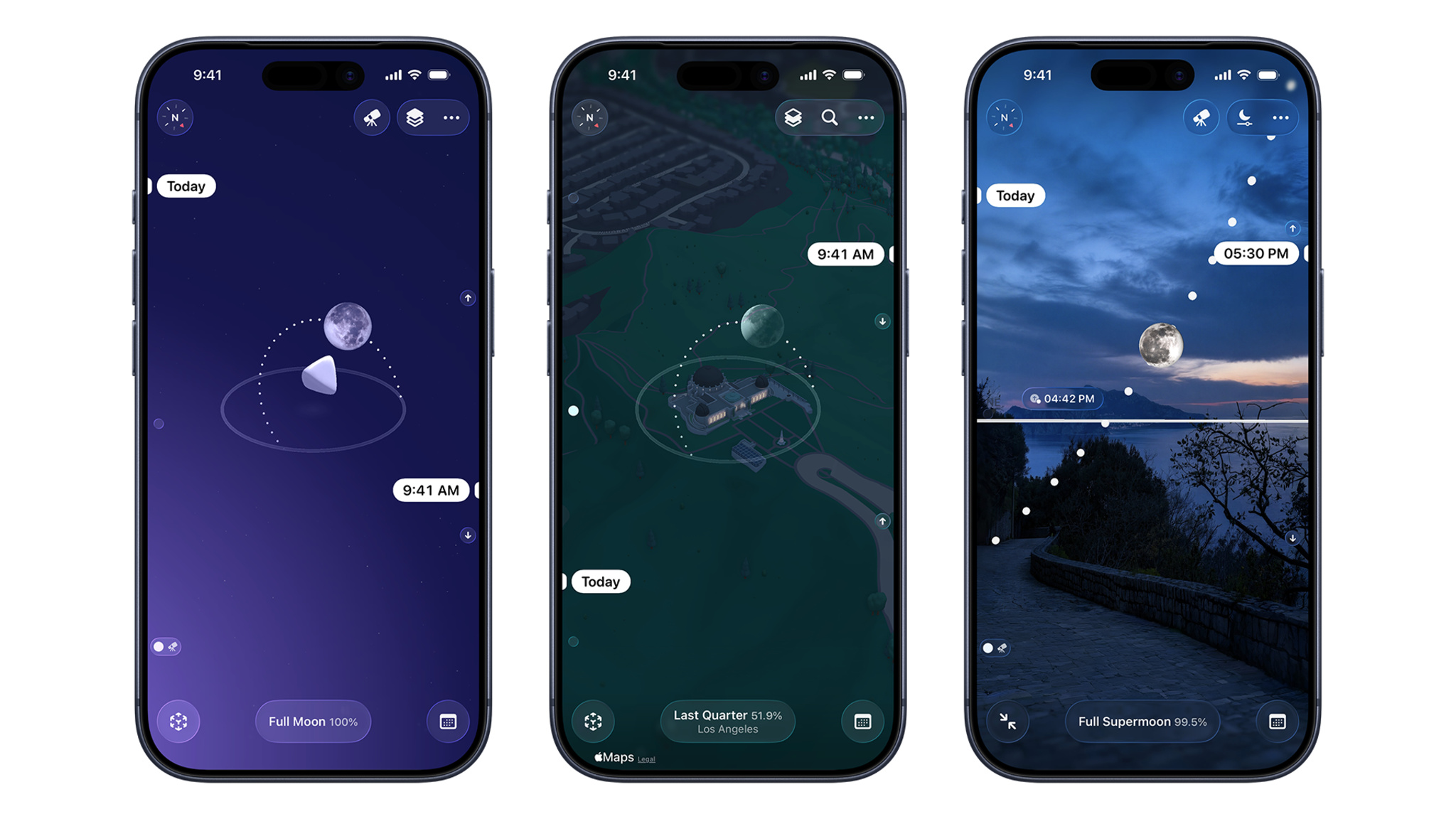 Three iPhones side by side display different views of Moonlitt. From left to right, the screens show an abstract orbital view of the moon against a deep purple sky, an overhead Apple Maps view with the moon’s path plotted over a city location, and a real-world camera view of the moon rising over a coastal landscape at dusk. Each screen displays the current lunar phase, ranging from Full Moon 100% to Full Supermoon 99.5%.