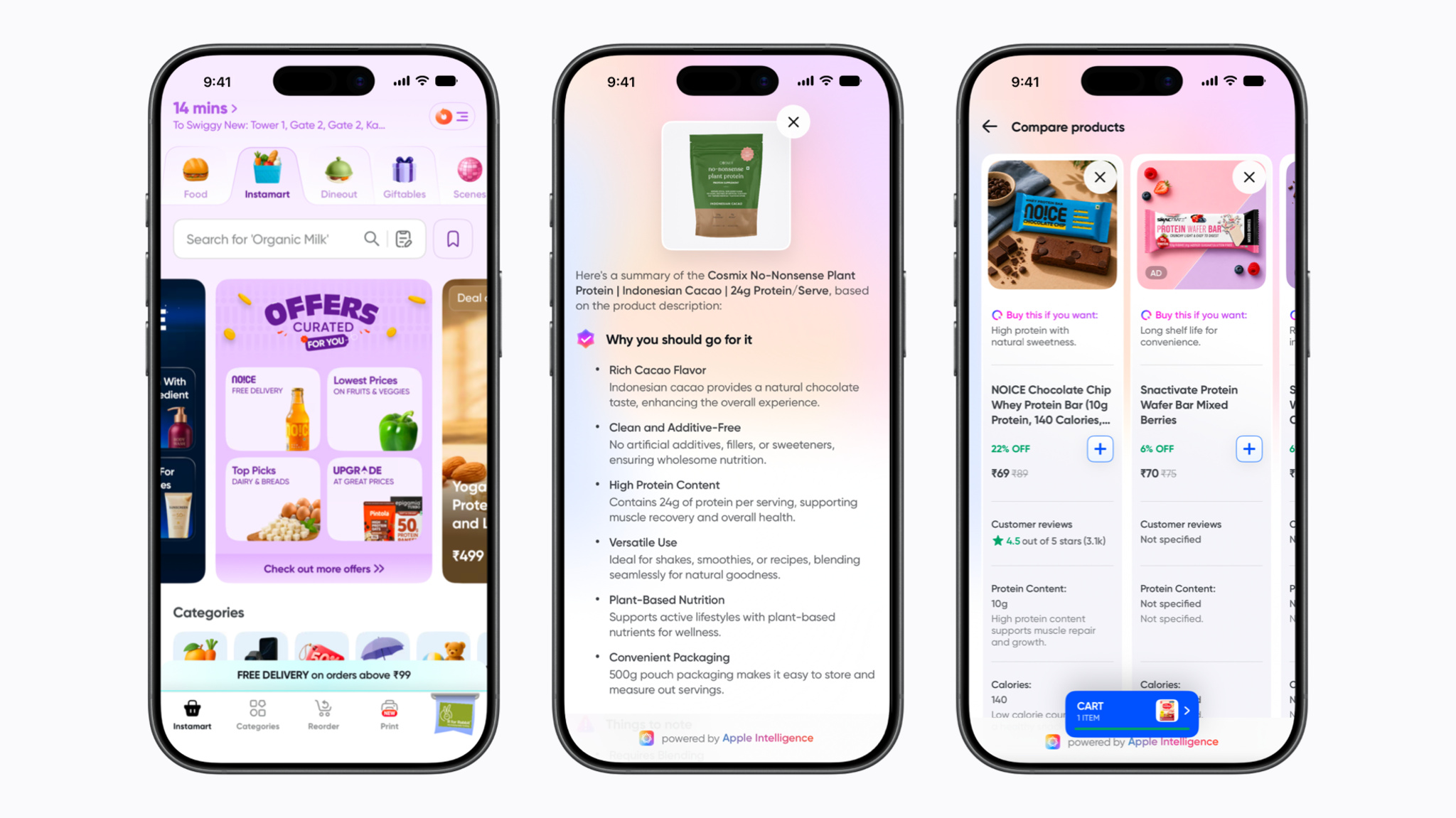 Three iPhone screens display a grocery delivery application interface highlighting Apple Intelligence integration. The left screen shows the store homepage with curated offers, the middle screen displays an AI-generated product summary for cacao plant protein, and the right screen shows a side-by-side comparison of two protein bars.
