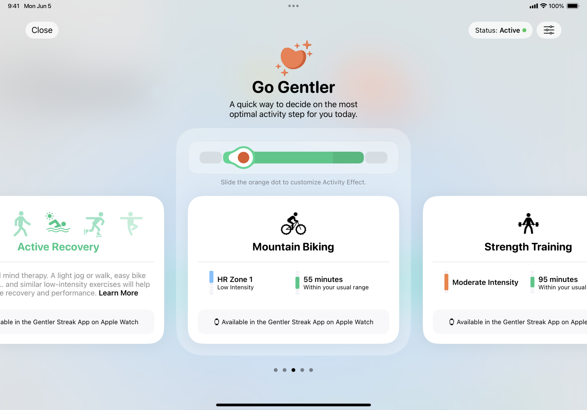 “Gentler Streak”的“Go Gentler”页面截屏，这个页面会为用户推荐当天最合适的体能训练。