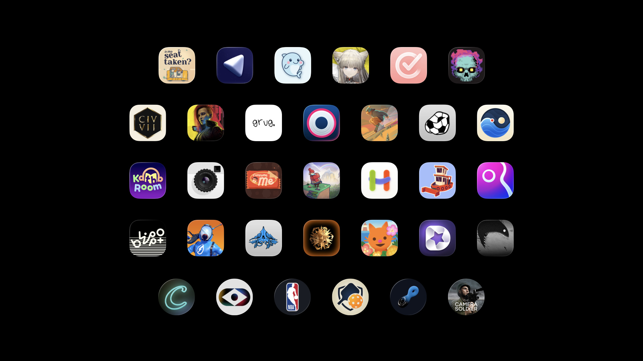 A collage of app icons from the 36 Apple Design Award finalists, set against a black background.