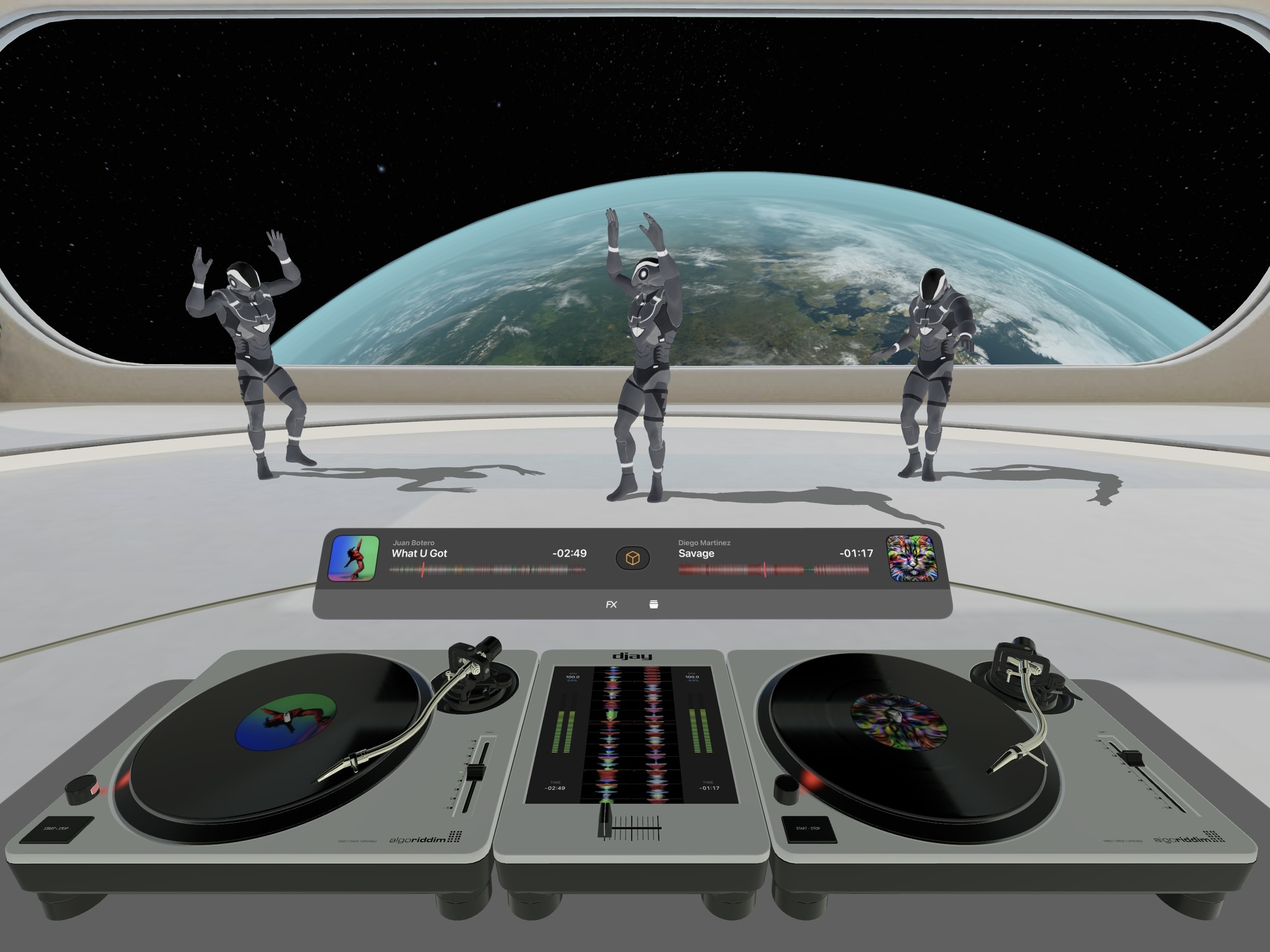 A screenshot from the app djay shows two turntables and various controls in an immersive space lounge-like environment with a giant window overlooking Earth.  Three robots are seen dancing along to the beat in the room. 