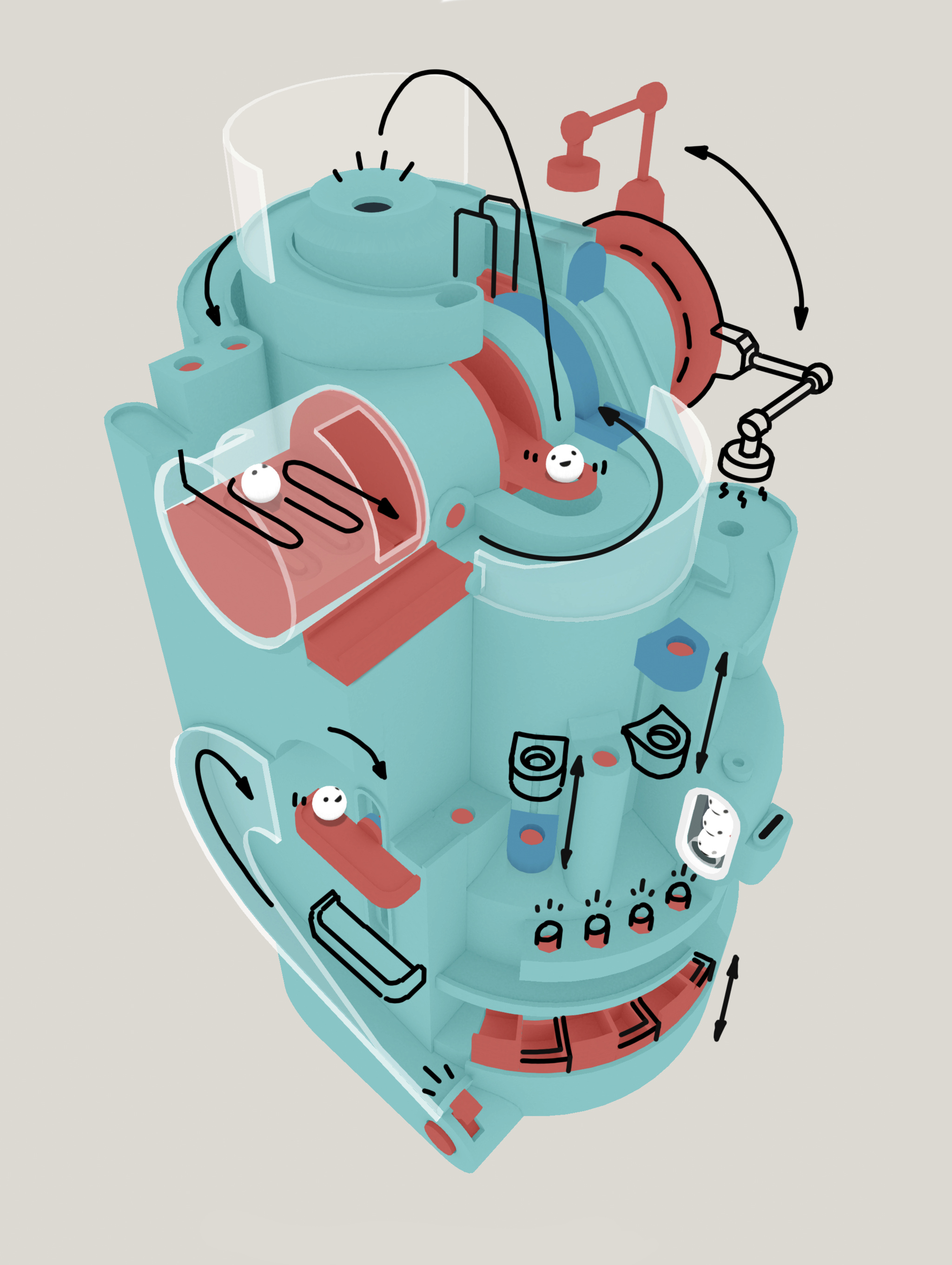 An image from Automatoys that shows the mockup of a level overlaid with hand-drawn marking that show how the ball travels through the level.