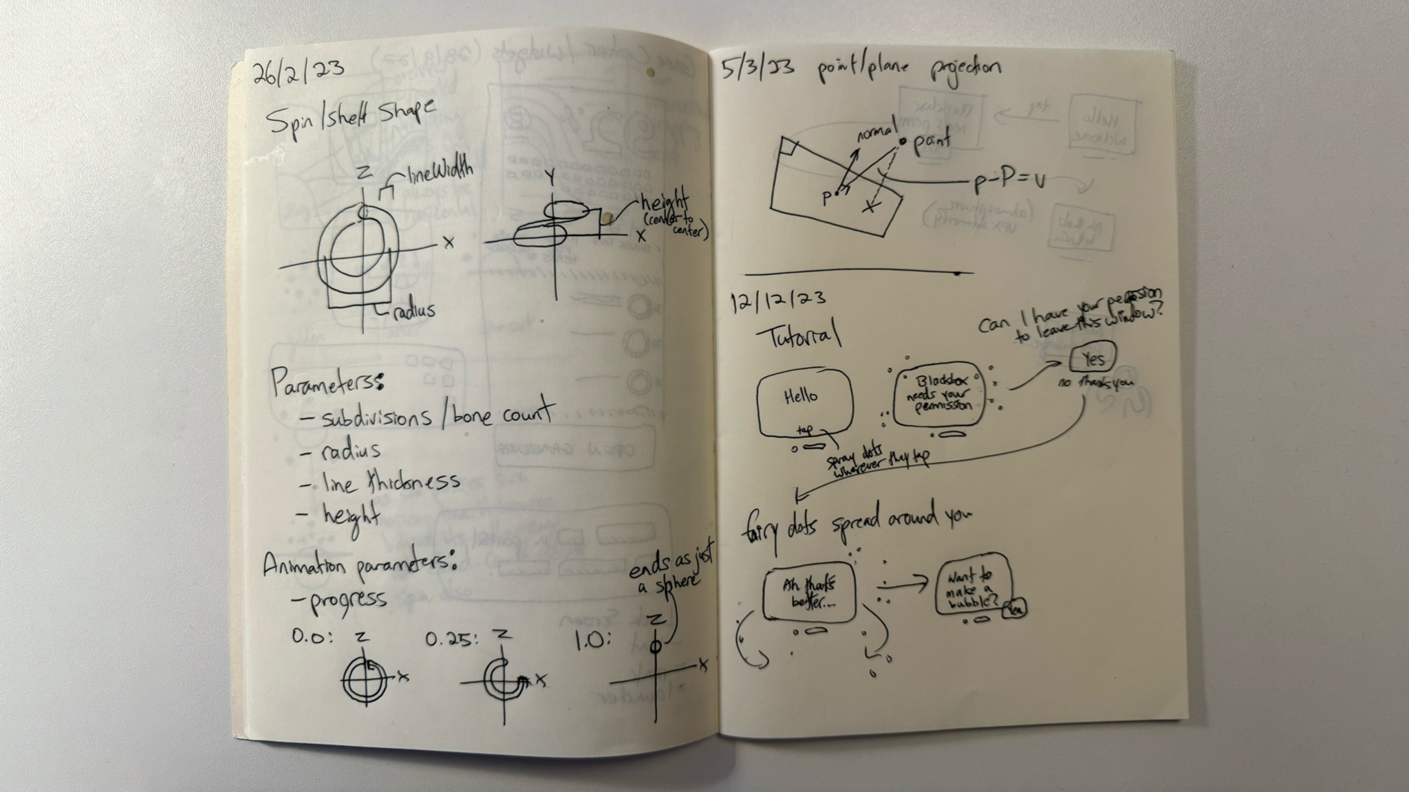 Ryan McLeod's notebook features pen sketches of what would become Blackbox on Apple's Vision Pro.