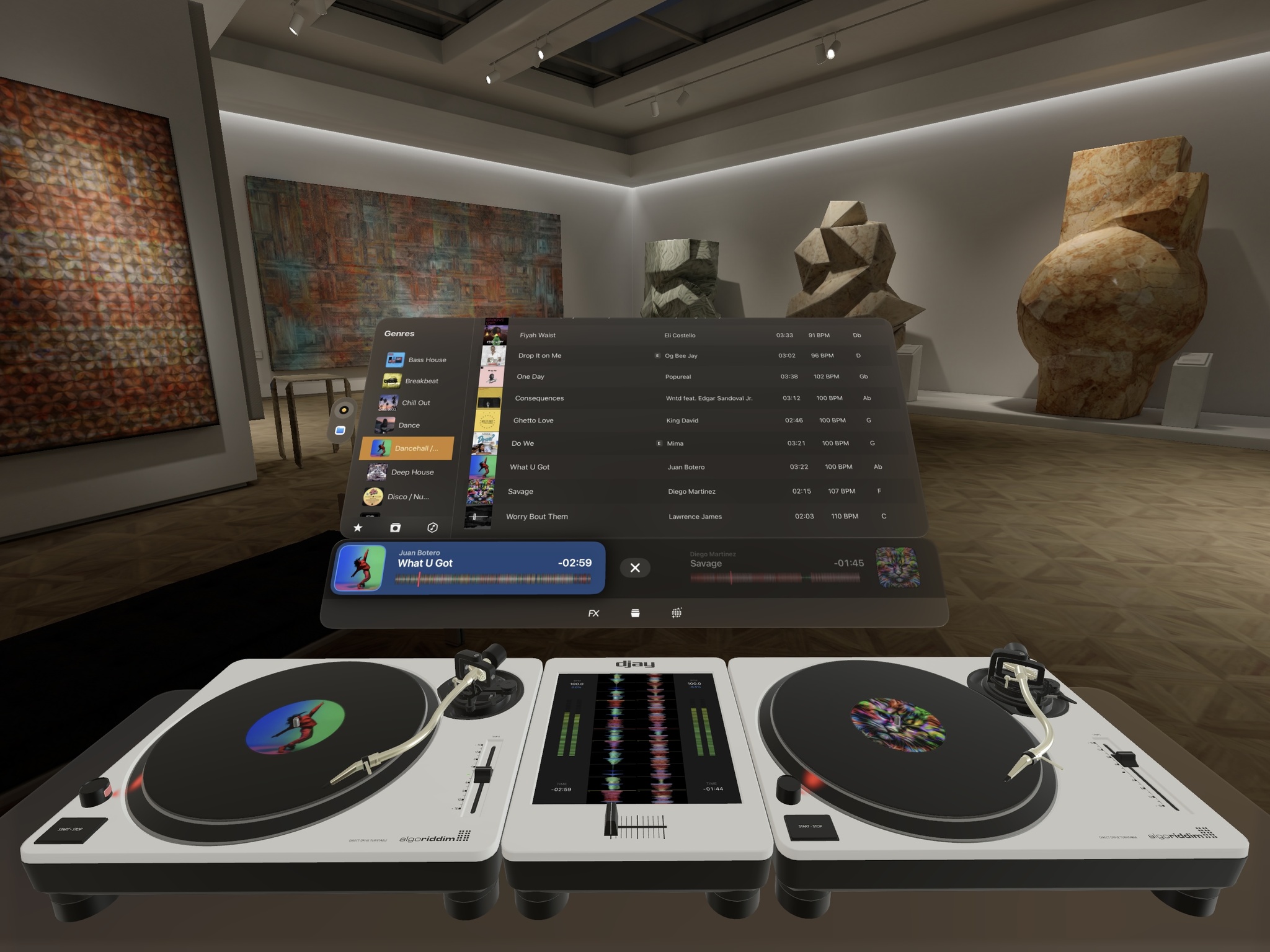 A screenshot of app djay showing two turntables and various controls in an art museum-like immersive environment.