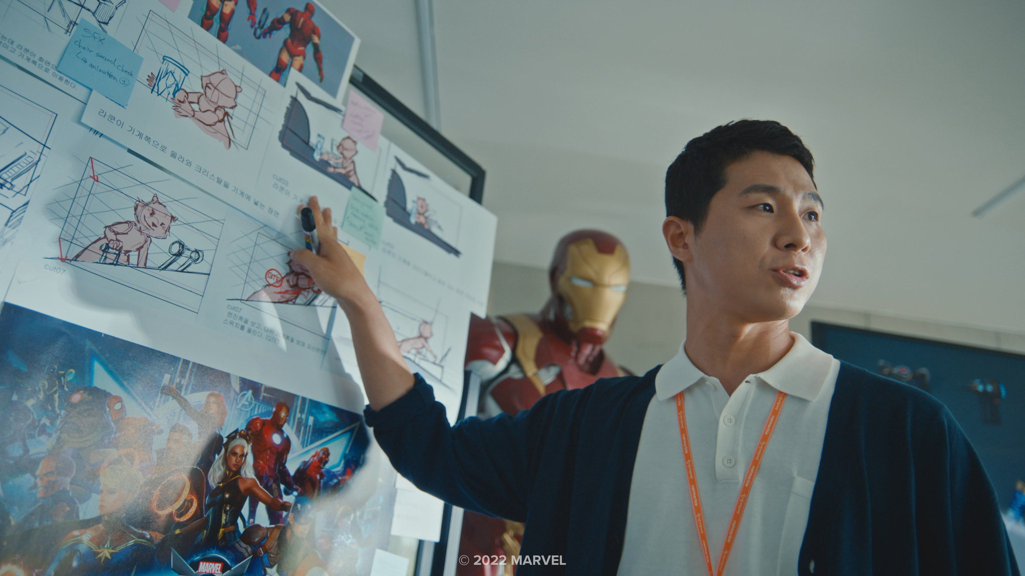 Netmarble executive producer Doohyun Cho reviews cutscene storyboards to determine the most effective ways to show Rocket Raccoon in a very short time.