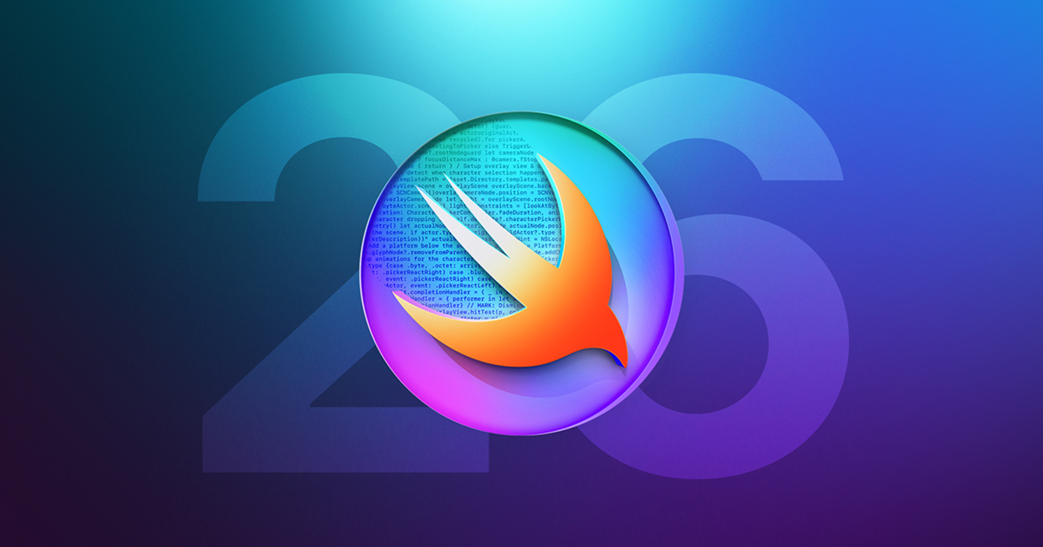 Swift programming language logo (orange bird icon) inside a colorful gradient orb, with the number 26 in the background, representing Swift in 2026.