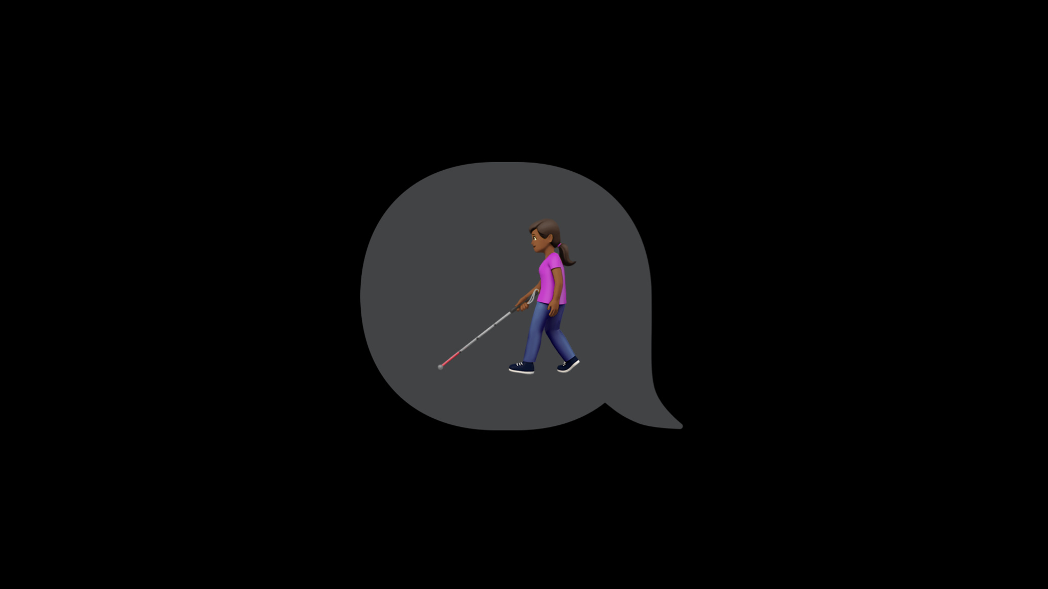 Person with white cane emoji inside of a speech bubble