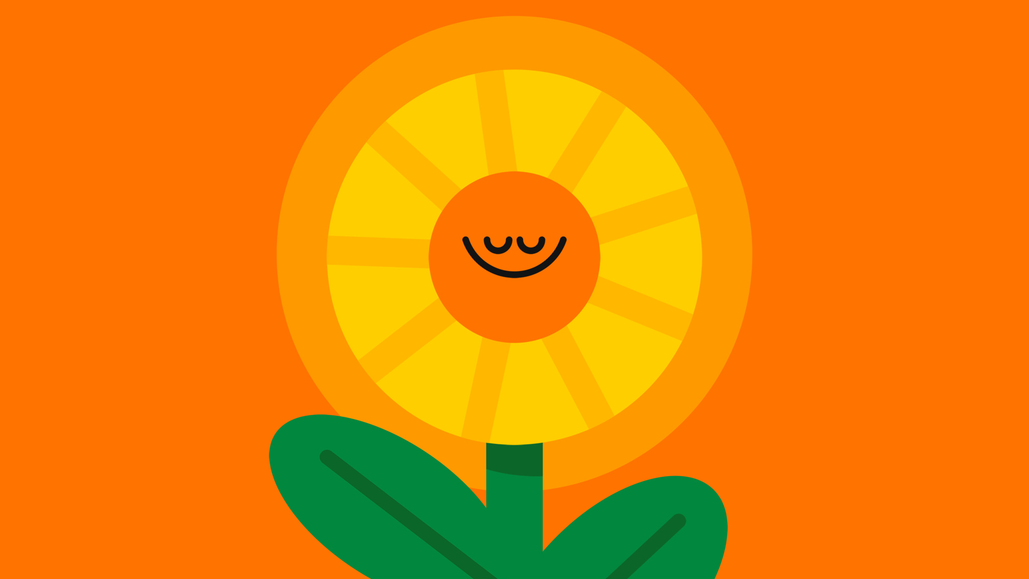 An illustration of a smiling flower with yellow petals and green leaves against a bright orange background.