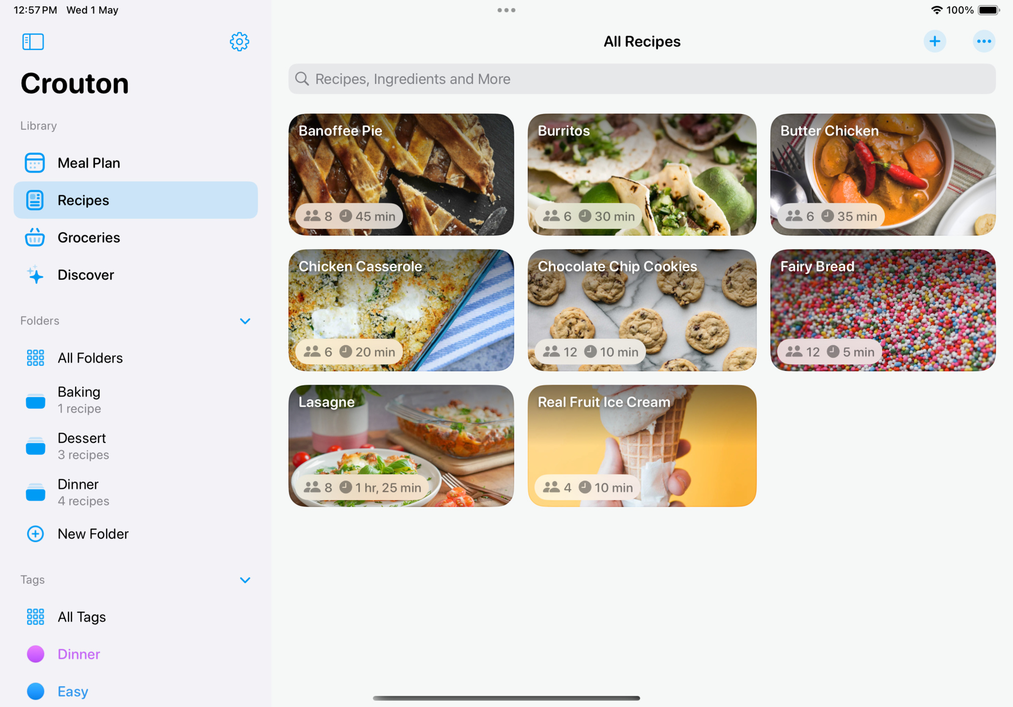 A *Crouton* screenshot that shows a grid of recipes, including burritos, butter chicken, and chocolate chip cookies. Each module includes a photo of the dish.