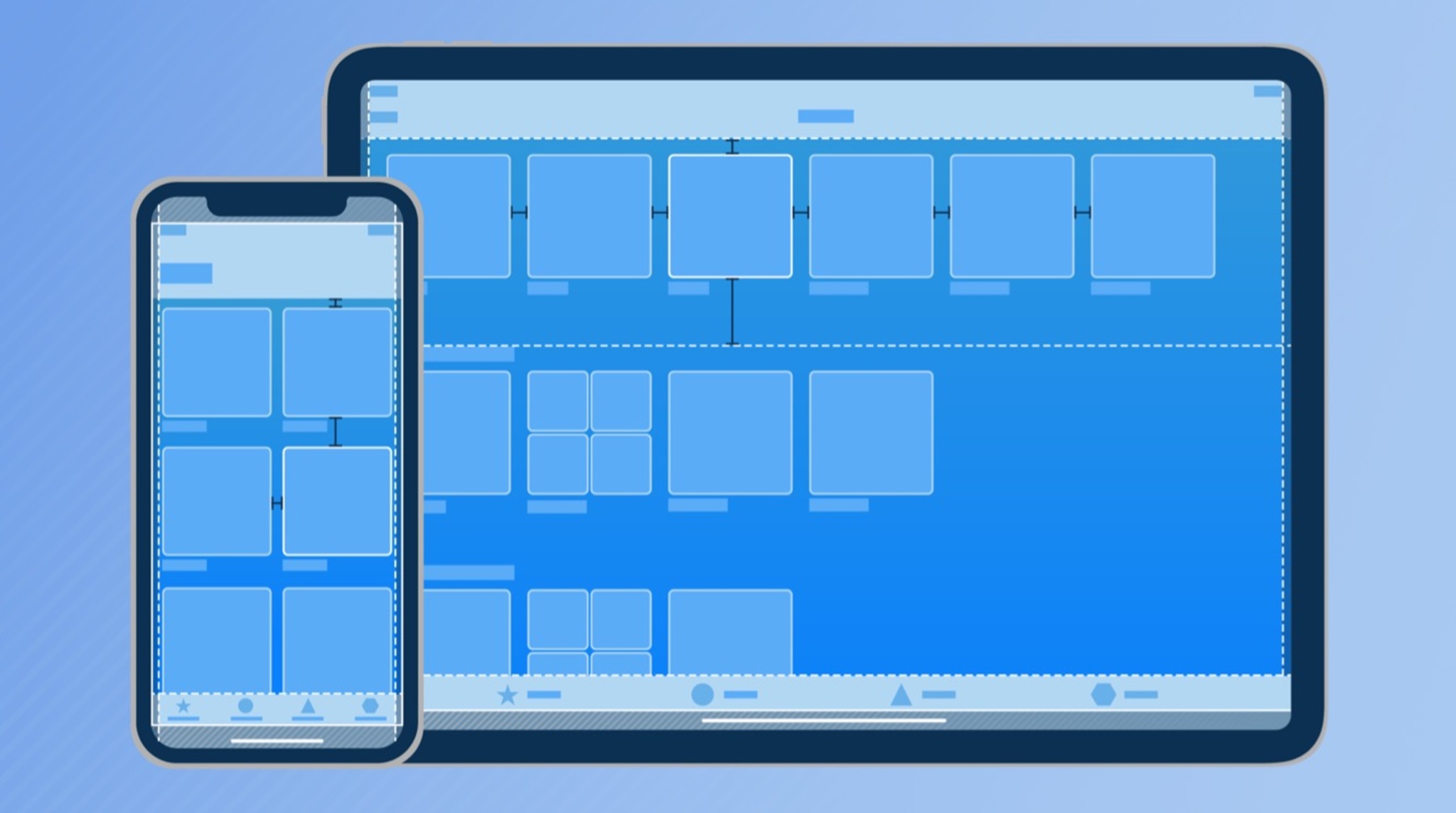 An iPhone and an iPad, both displaying app wireframes