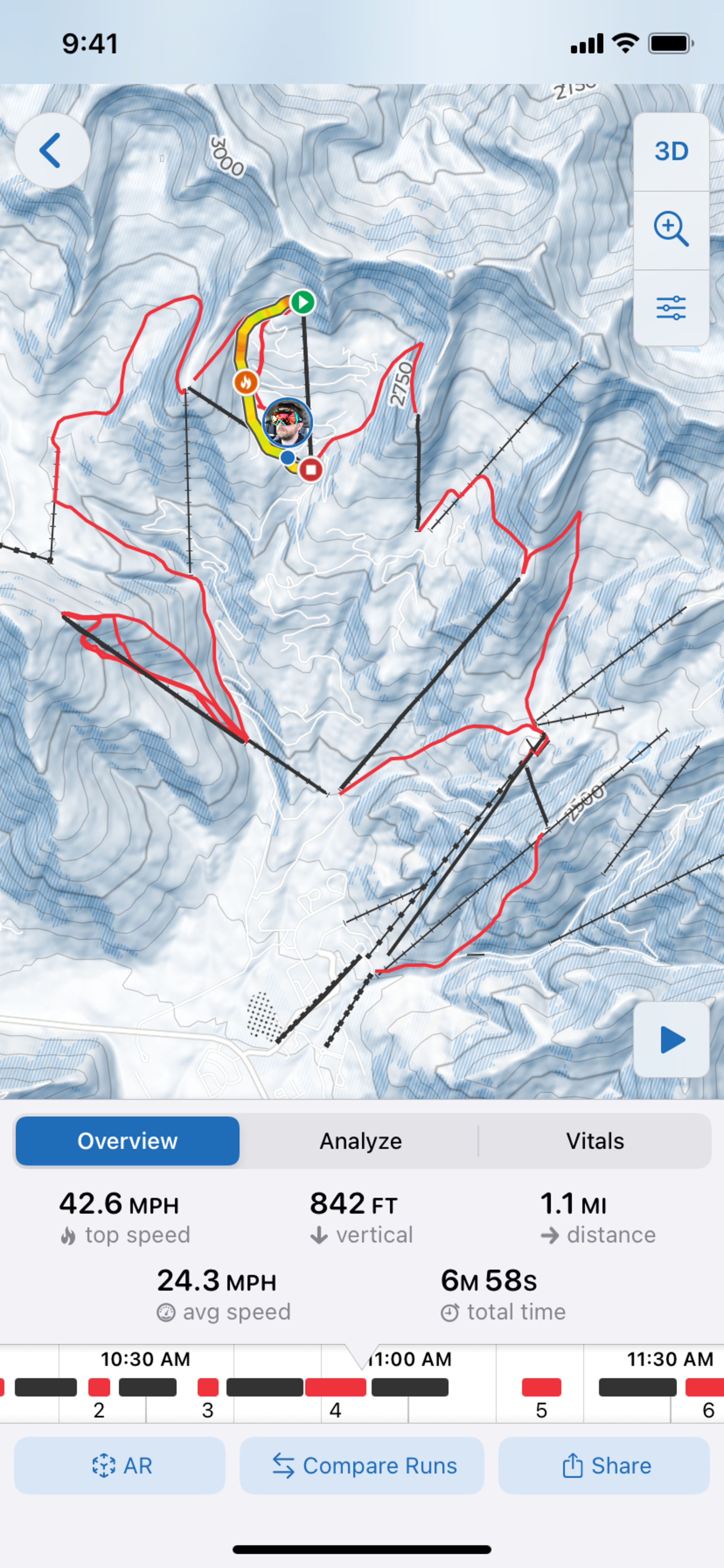 A screenshot of a mountain map, showing where the Slopes user has skied that day.