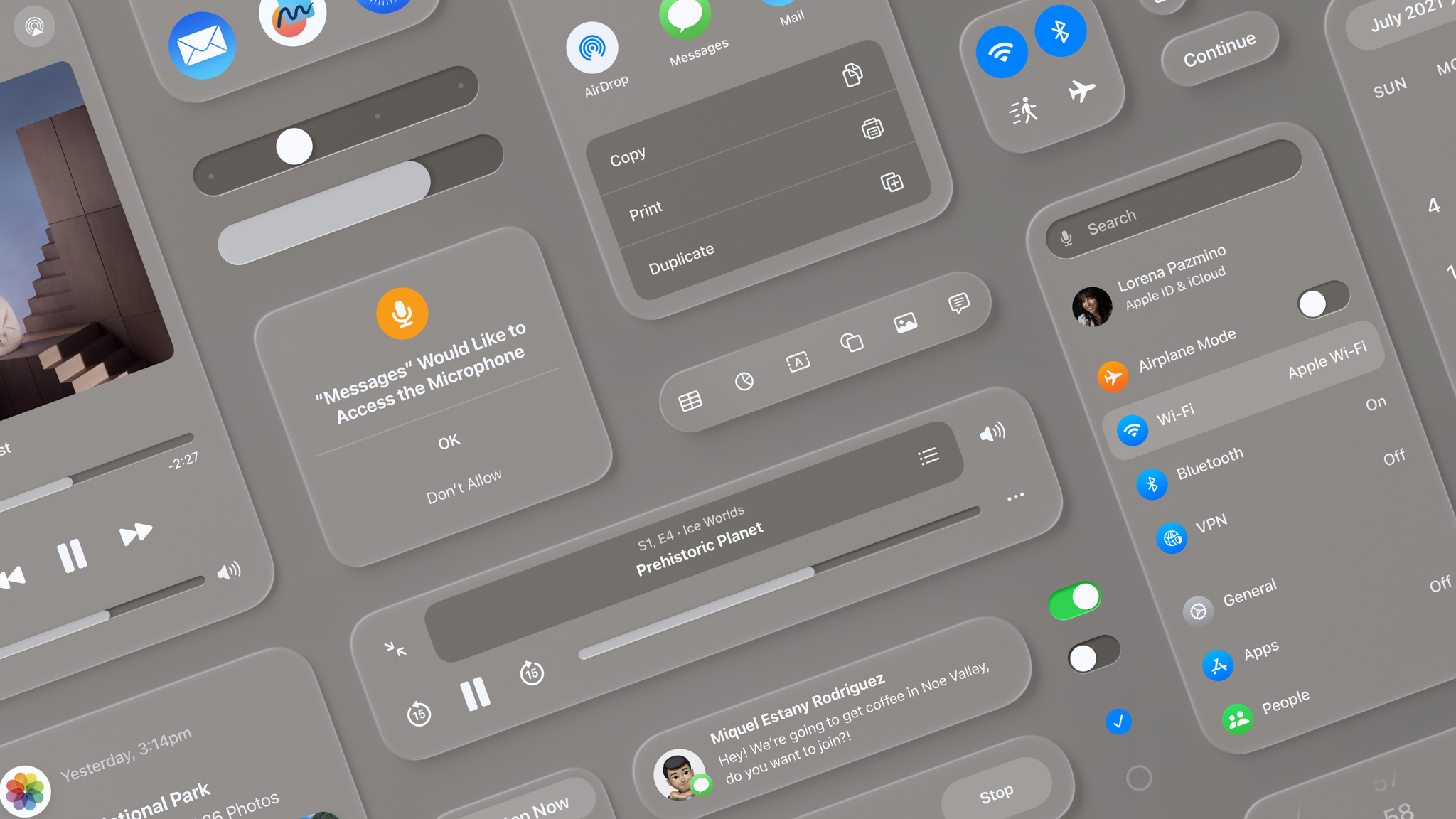 An array of different UI elements on visionOS (buttons, switches, alerts, symbols, etc.)