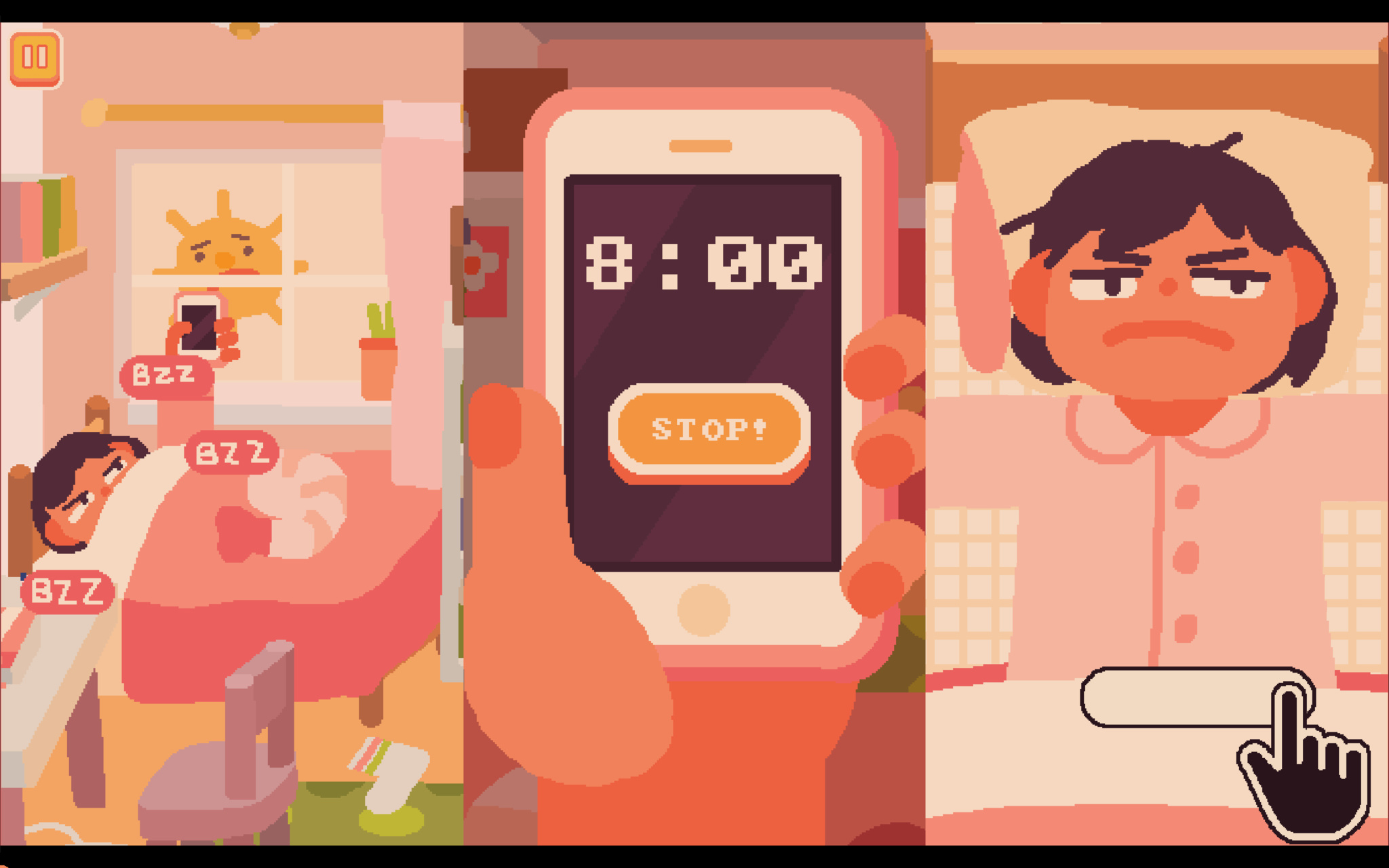 A three-panel pixel art illustration in warm peach and pink tones depicting a morning wake-up scenario. On the left, a character sleeps through a buzzing alarm while a grumpy sun peers through the window; in the center, a hand holds a phone displaying "8:00" with a prominent "STOP!" button. On the right, a close-up of the same bleary-eyed, visibly unhappy character lying in bed, with a tap cursor in the corner prompting interaction.