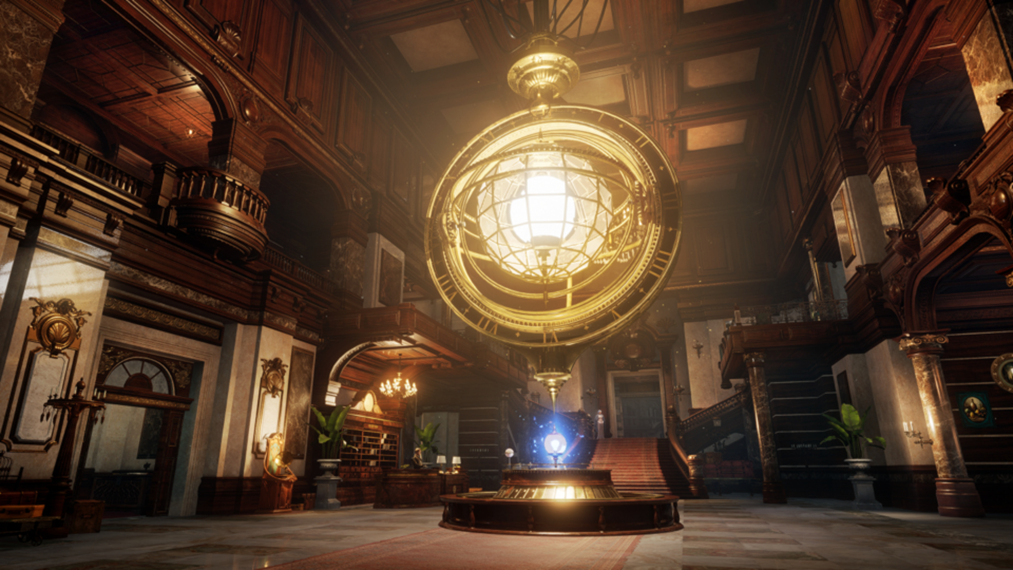 In a screenshot from Lies of P, a glowing bulb in an ornate cage-like container floats above the floor in a large room.