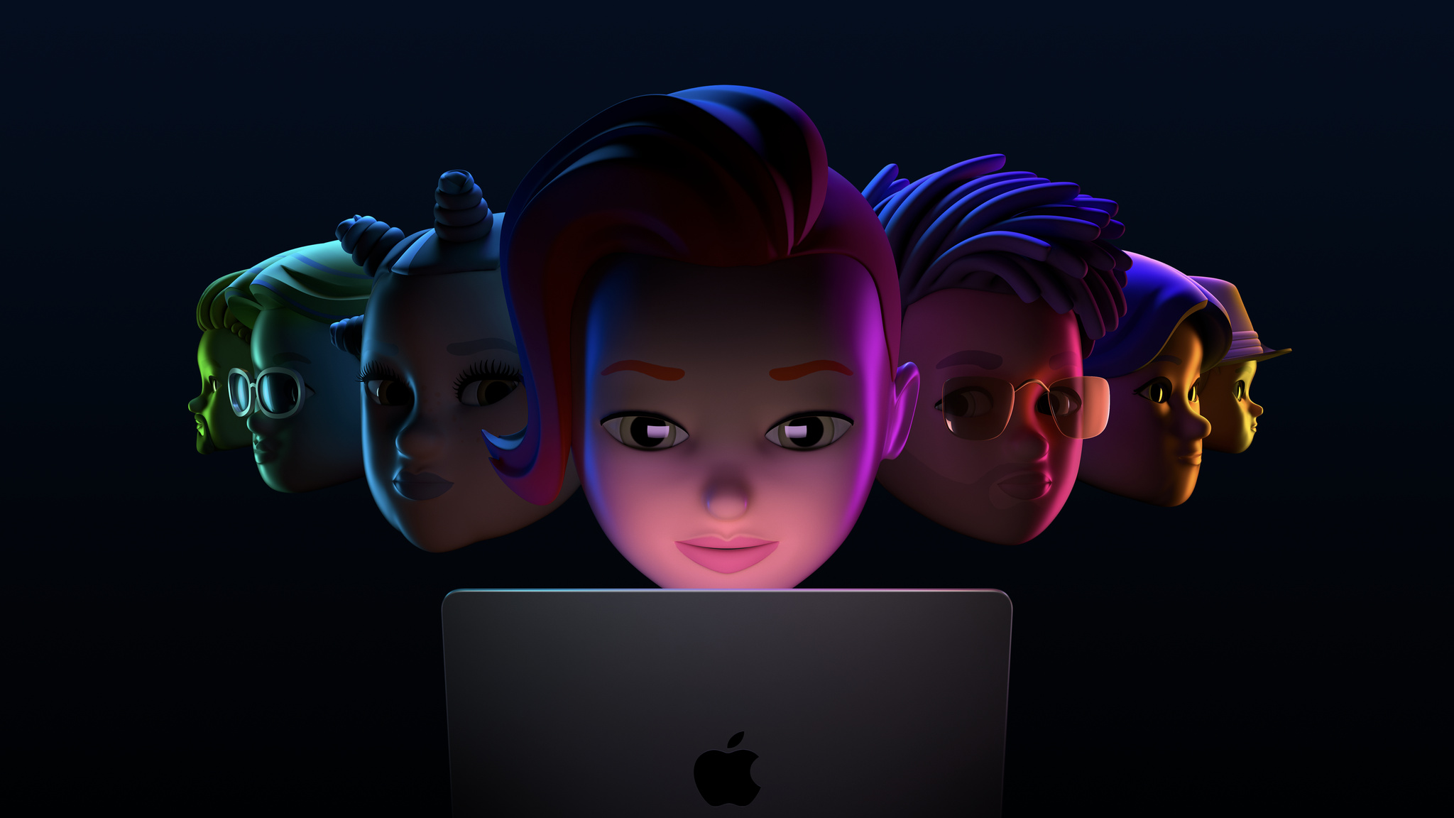 Memojis on a dark background, with each Memoji lit up in a different color, all in front of one laptop	