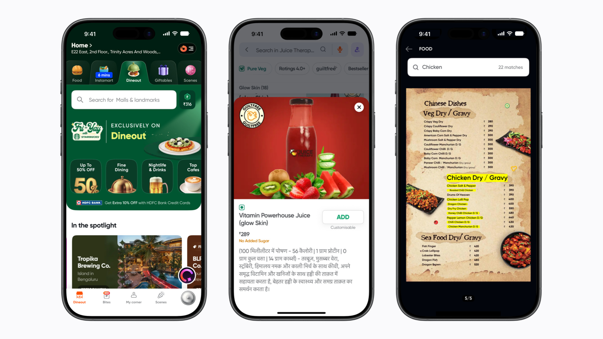 Three iPhone screens showcase a dining and delivery application interface. The left screen shows a dining discovery page with restaurant spotlights, the middle screen features a product detail page for a red powerhouse juice with a description in Hindi, and the right screen displays a Chinese food menu with chicken dishes highlighted in yellow.