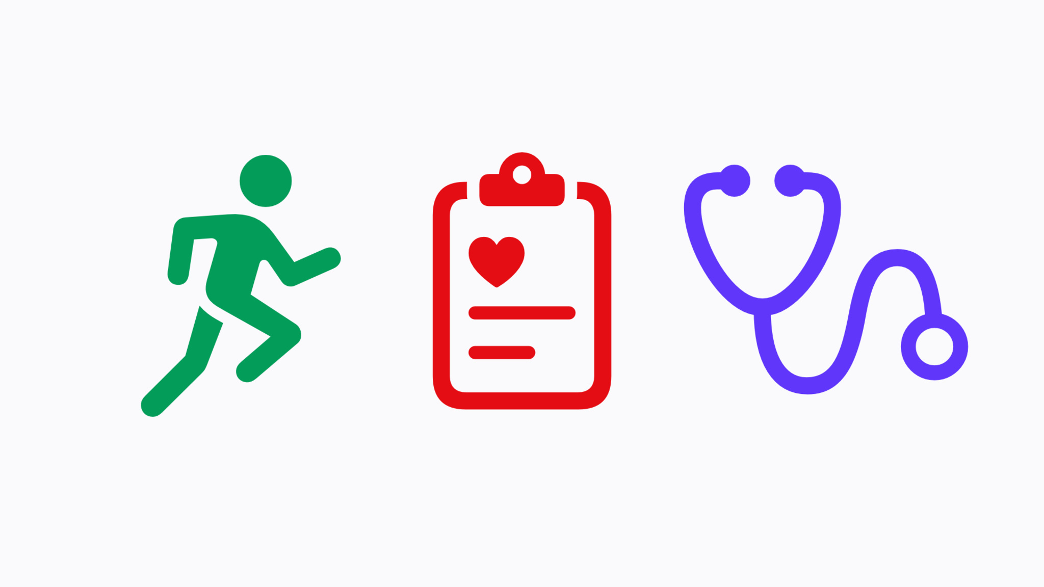 Three icons representing health and wellness: a green running figure, a red medical clipboard with a heart, and a blue stethoscope.