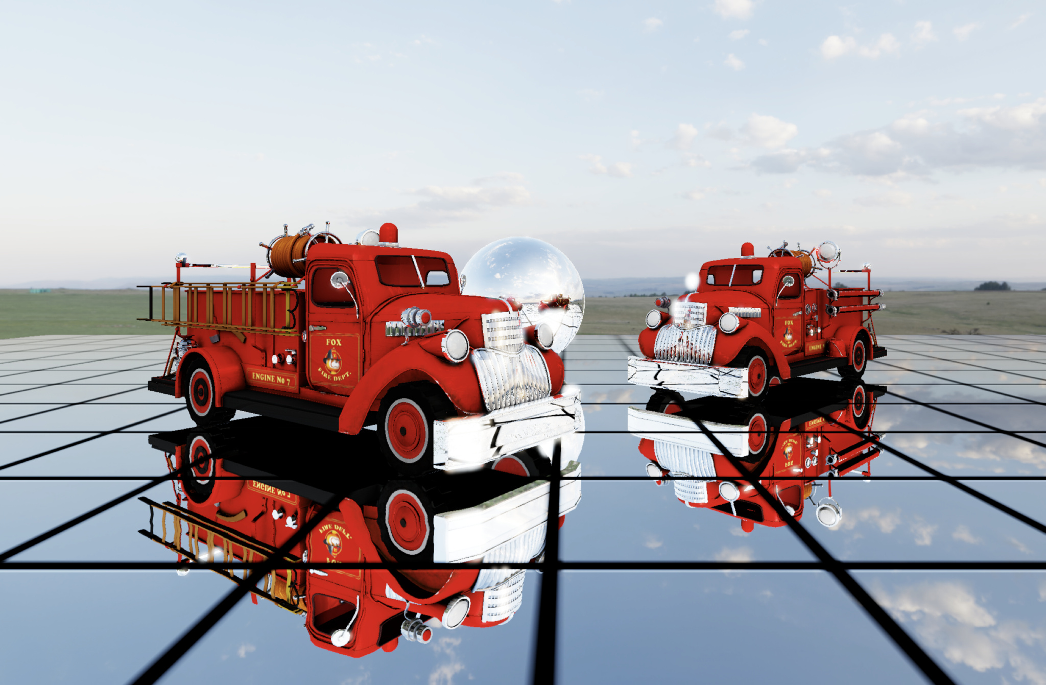 An image of two red trucks parked on a mirrored reflective surface. A mirrored sphere sits in the background of the image. 