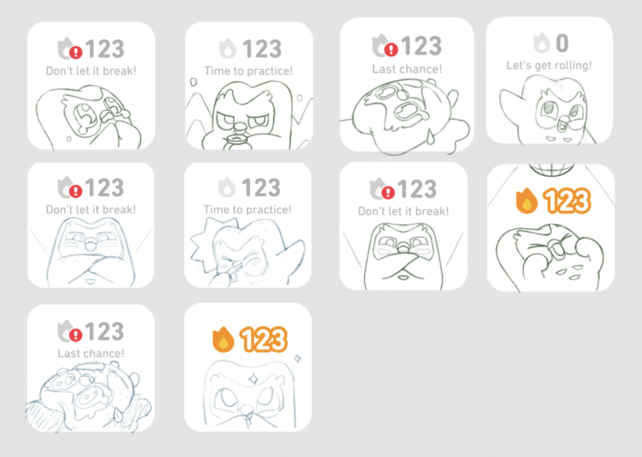 A collage of pencil sketches of Duolingo widgets, in which Duo shows a variety of emotions.