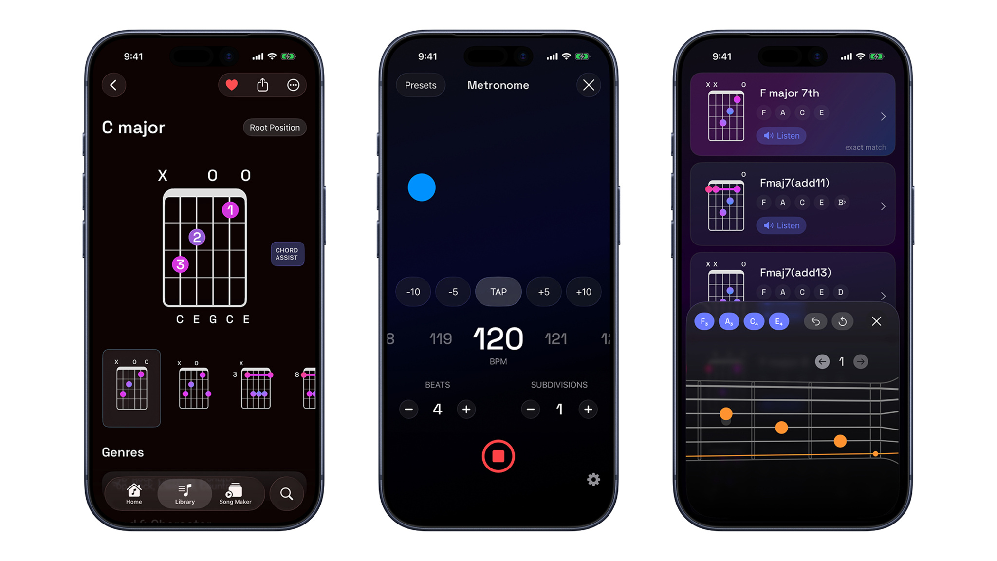 Three screenshots of Guitar Wiz showing a C major chord diagram with fingering positions, a metronome set to 120 BPM with tap tempo controls, and a chord search results screen displaying F major 7th variations with a fretboard view.