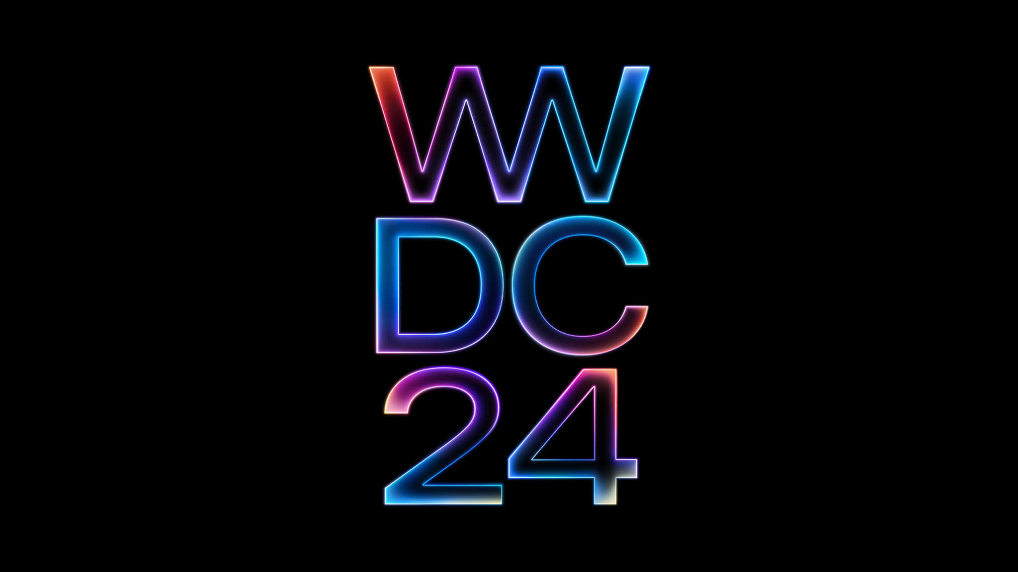 「WWDC24」というフレーズが黒の背景に赤、紫、青の輝くグラデーションで描かれている。