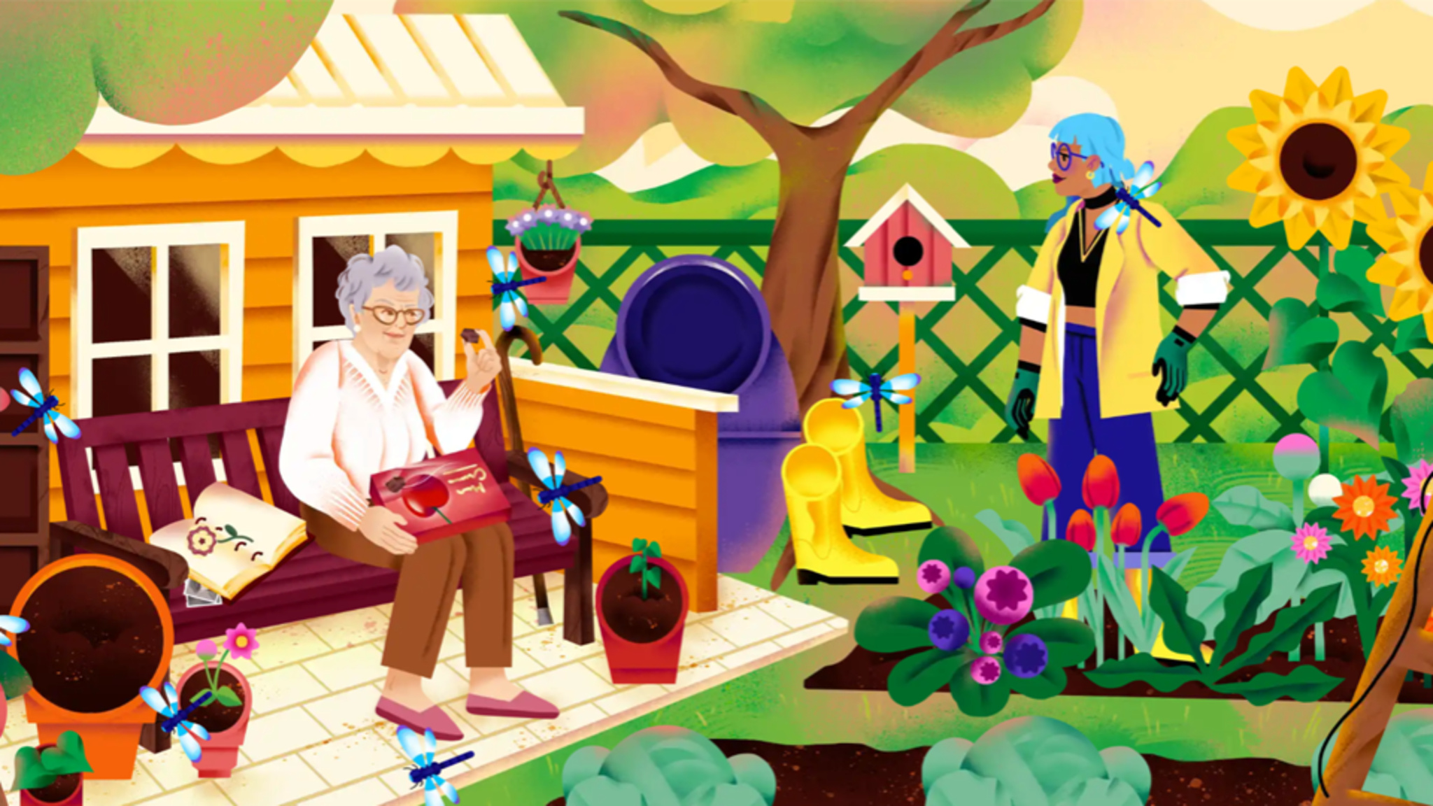 In Finding Hannah, the main character, a blue-haired woman, stands in a garden and talks to her grandmother, who sits on the porch.