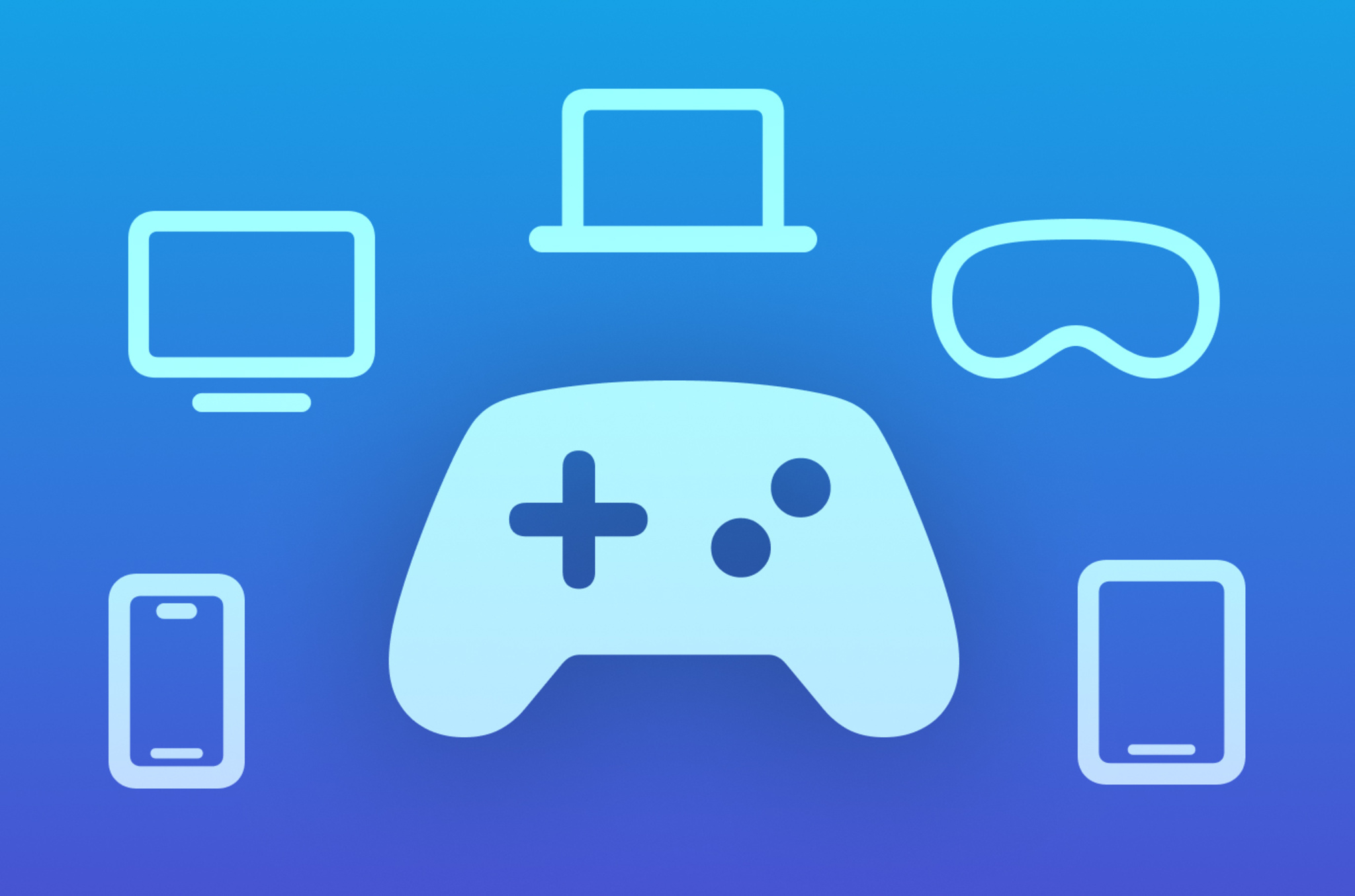 A bid of light-blue icons against a darker bluish background. The icons see a ample crippled controller, surrounded by a smaller iPhone, iMac, Apple TV, Apple Vision Pro, and iPad.