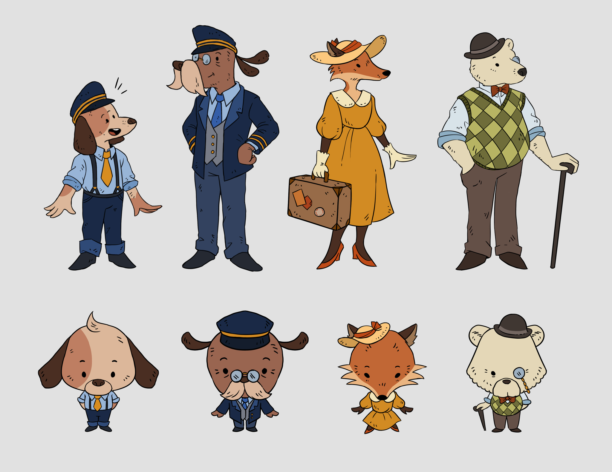 An image of eight Railbound cartoon characters, including the game’s two dog mascots, both dressed in conductor’s outfits, at the top left.