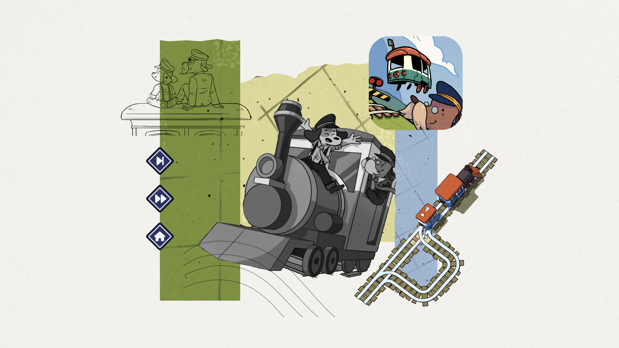 A collage of art elements from the Apple Design Award-winning Game, Railbound.