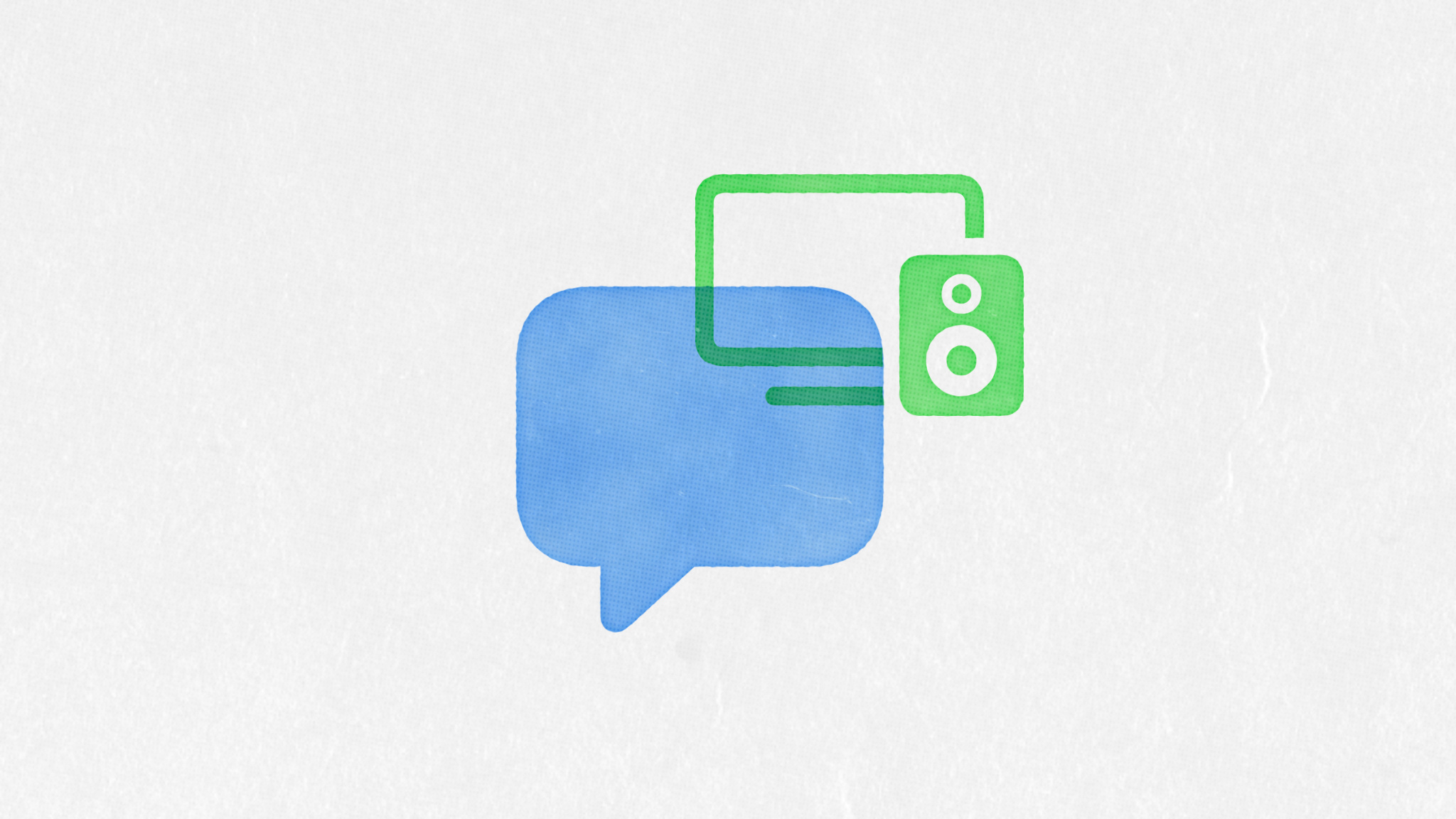 audio and tv icons above a blue chat bubble on white background.