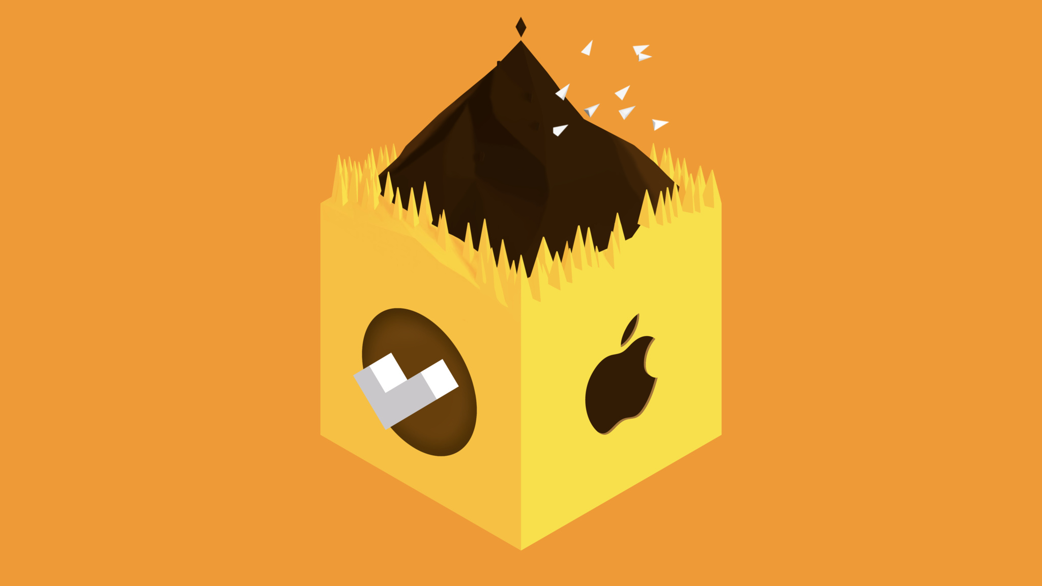 Cube with a mountain on top, a check mark and apple logo on sides.