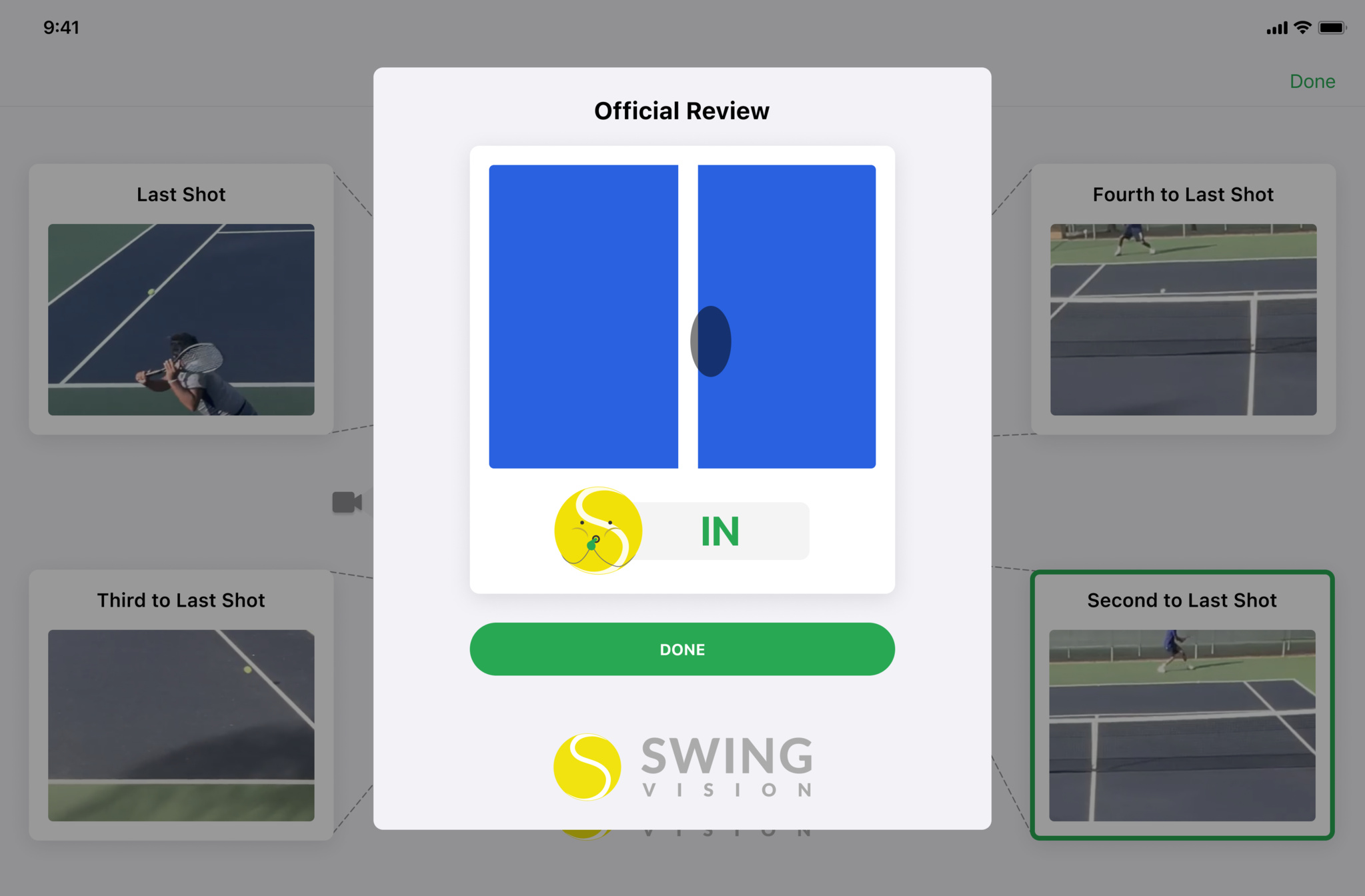 SwingVision 的一幅截屏，其中显示了一个网球的“着地”瞬间。