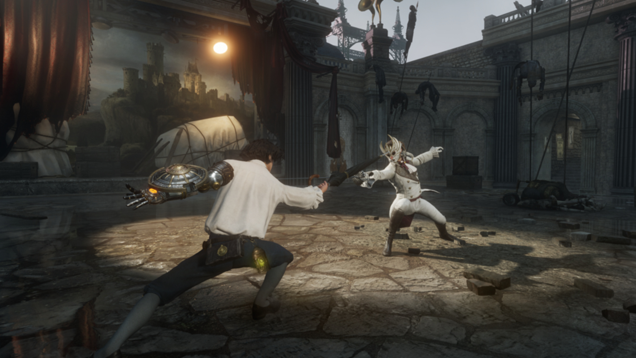 In a screenshot from Lies of P, two characters — one with a metallic left arm and the other in a demonic white mask — prepare for a swordfight in a dimly lit neighborhood.