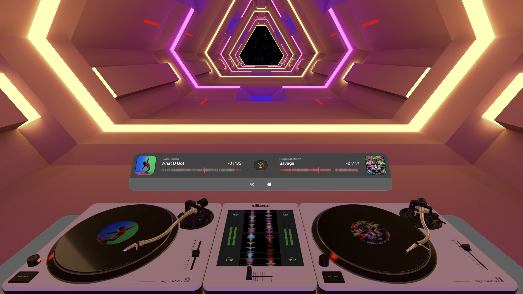 Screenshot of app djay showing two turntables in an immersive cave-like environment on a spaceship. 