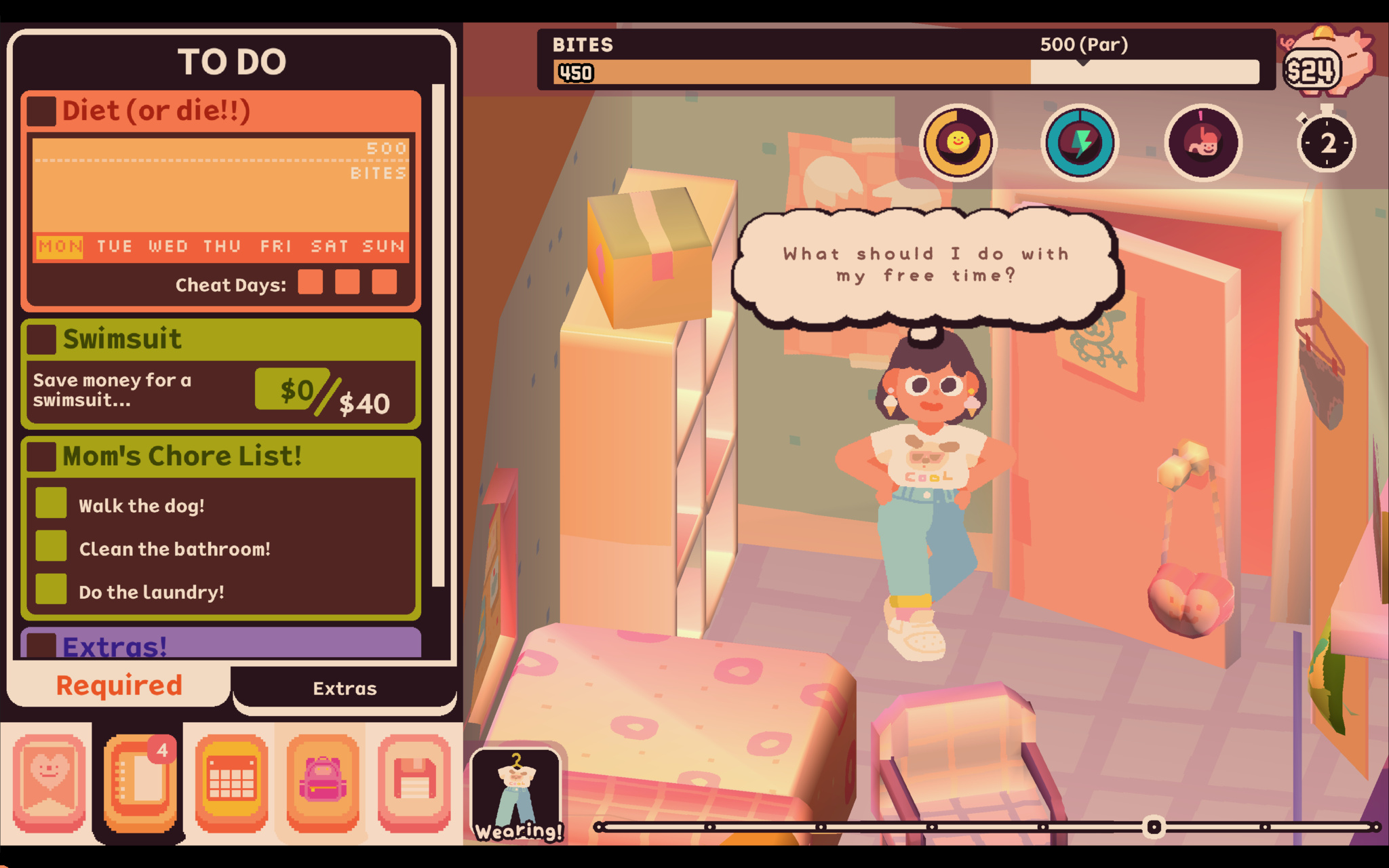 Gameplay screenshot of Consume Me. On the left is a to-do list panel with tasks including "Diet (or die!!)" tracking 450 of 500 bites, a "Swimsuit" savings goal of $0/$40, and "Mom’s Chore List" with items like "Walk the dog!" On the right, a cartoon girl character in a bedroom has a thought bubble reading "What should I do with my free time?"