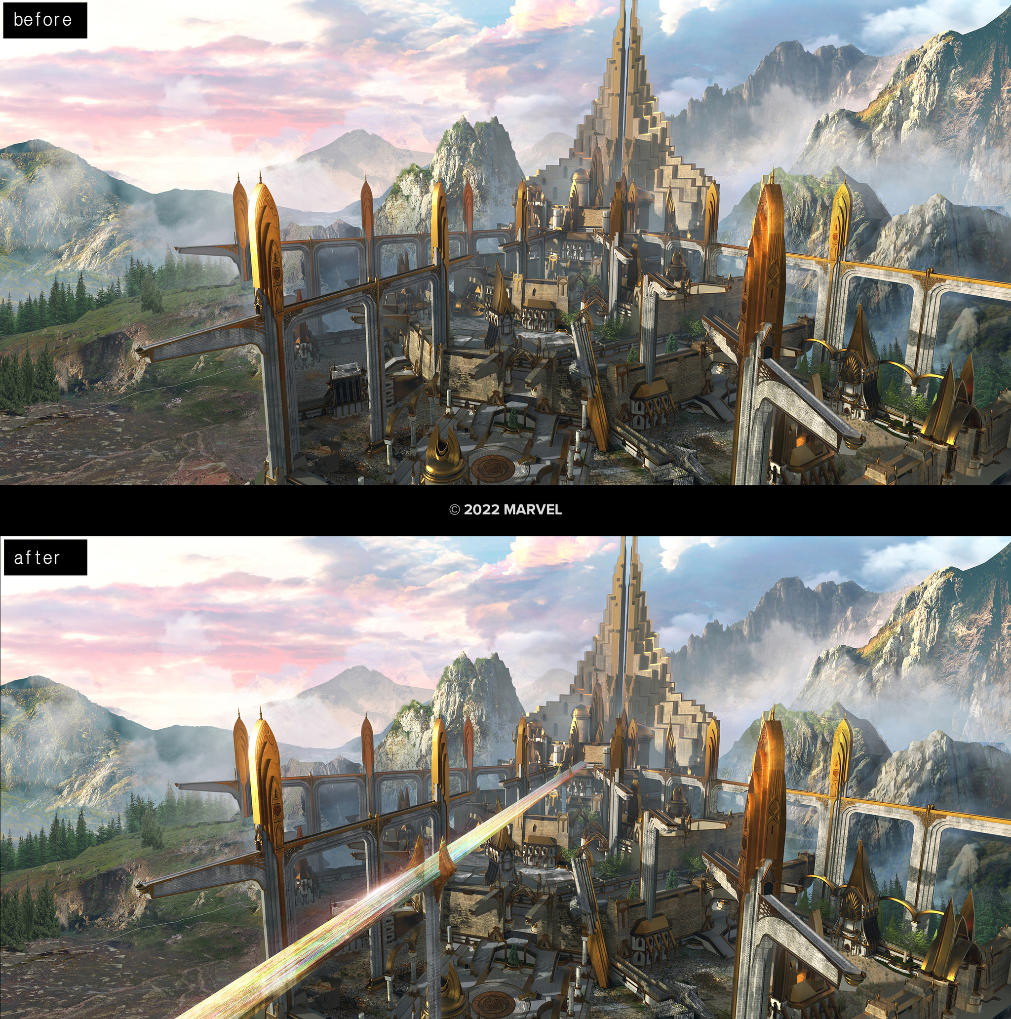 Midgardia, before and after the addition of the Bifrost Bridge.