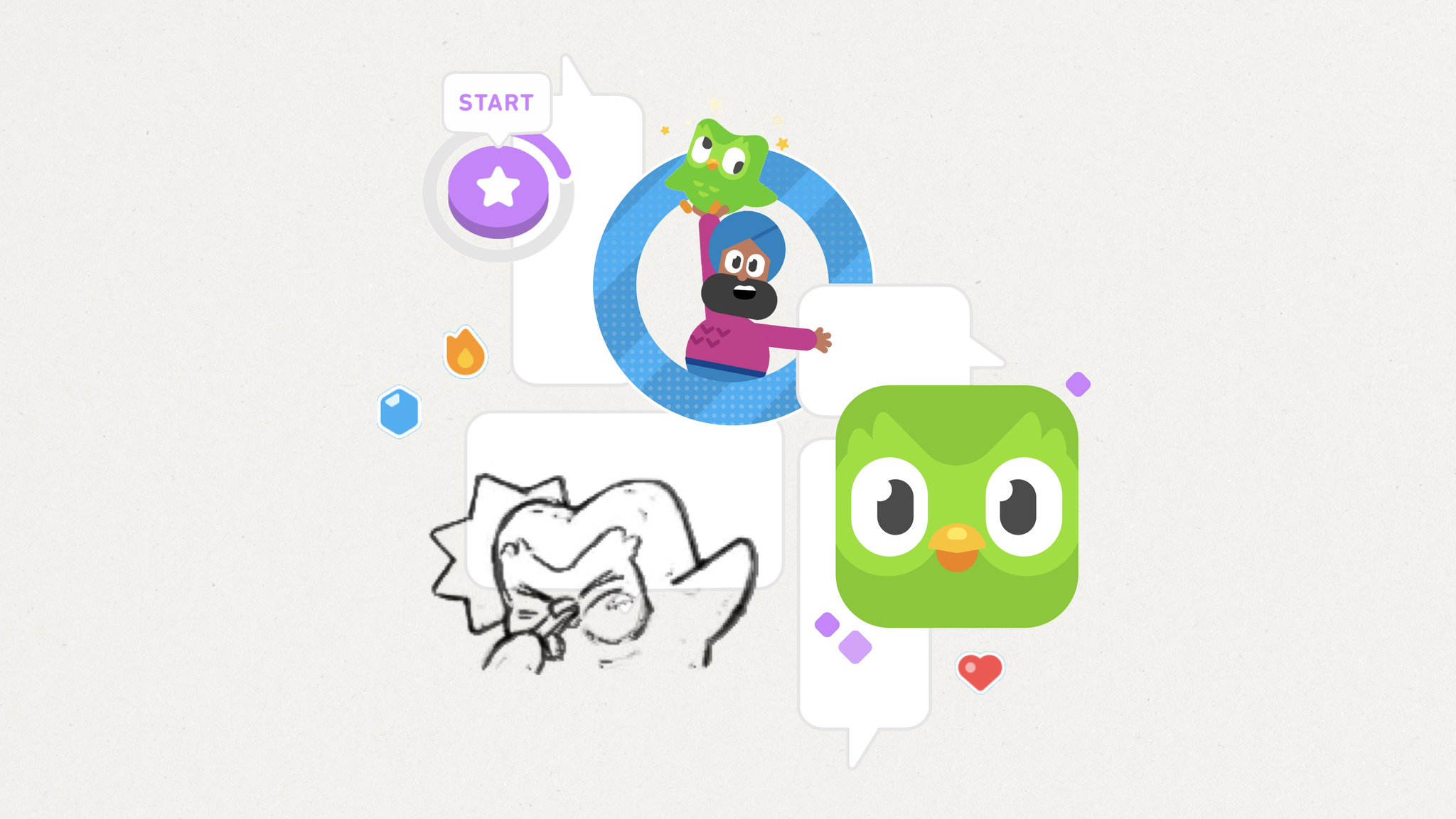 A collage of art elements from the Apple Design Award-winning app, Duolingo.